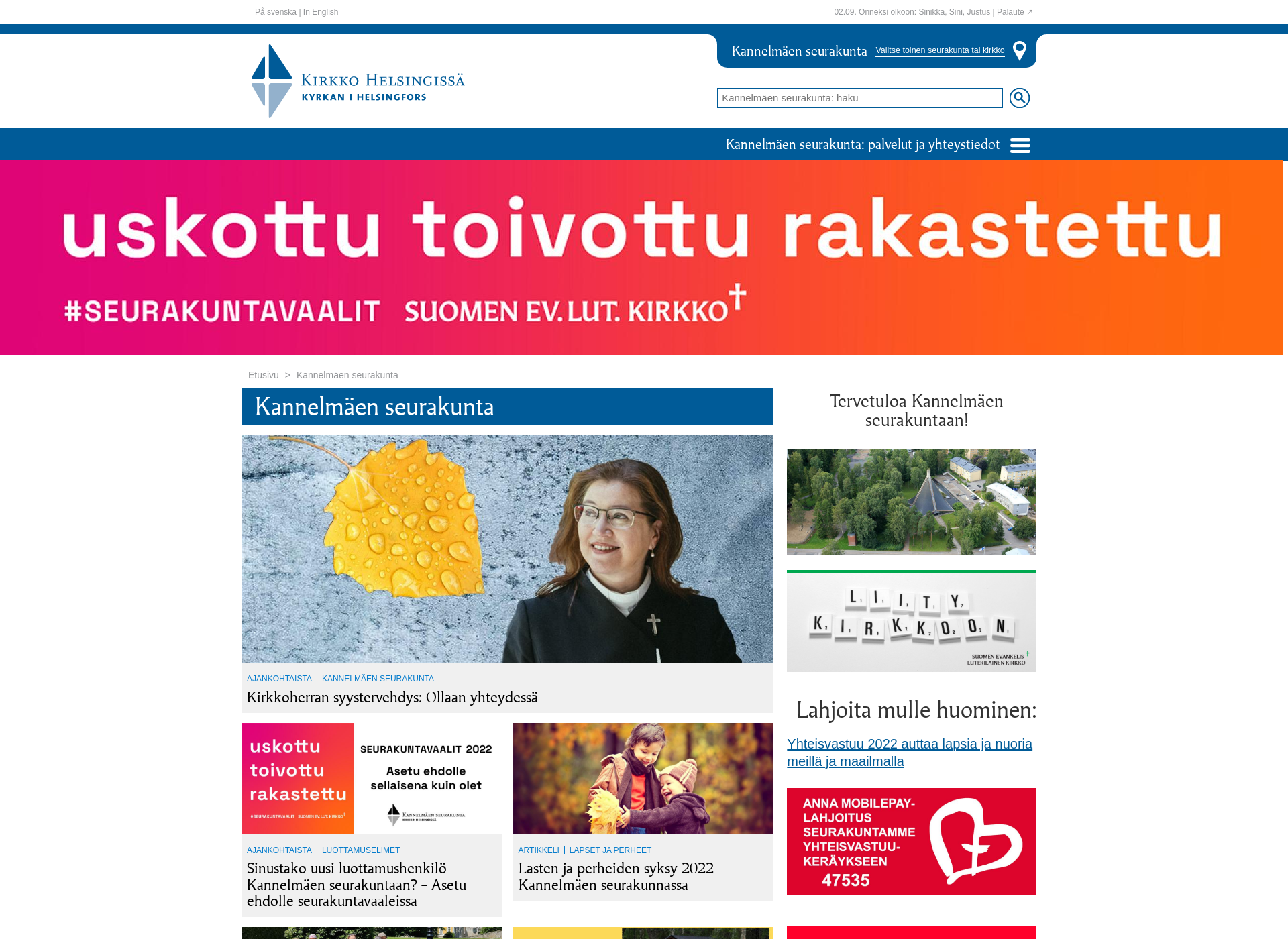 Skärmdump för kannelmaenseurakunta.fi