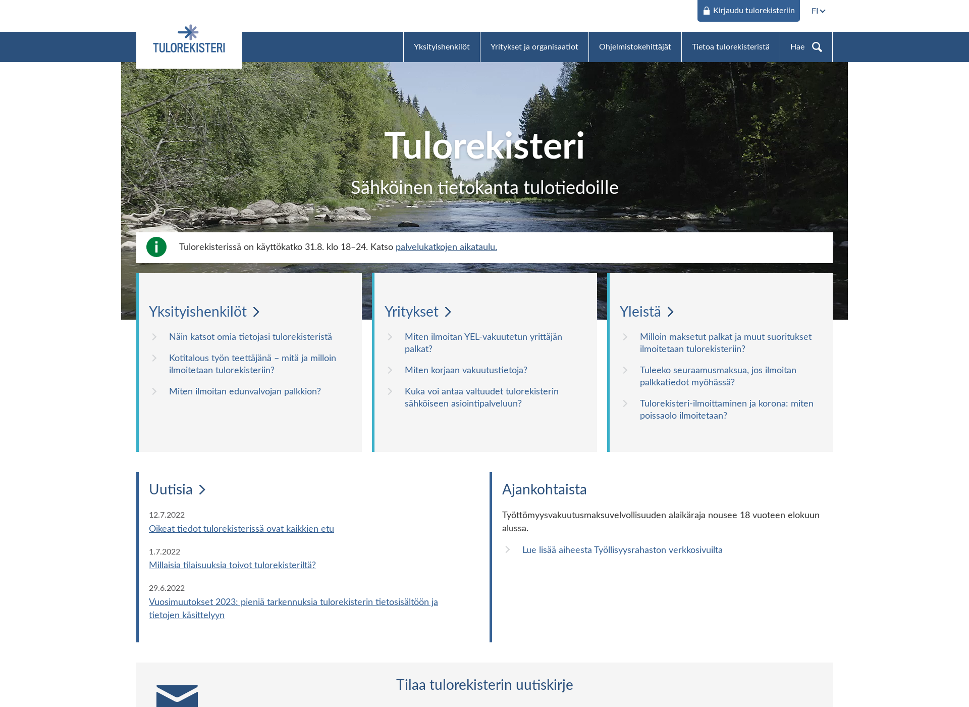 Skärmdump för kansallinentulorekisteri.fi