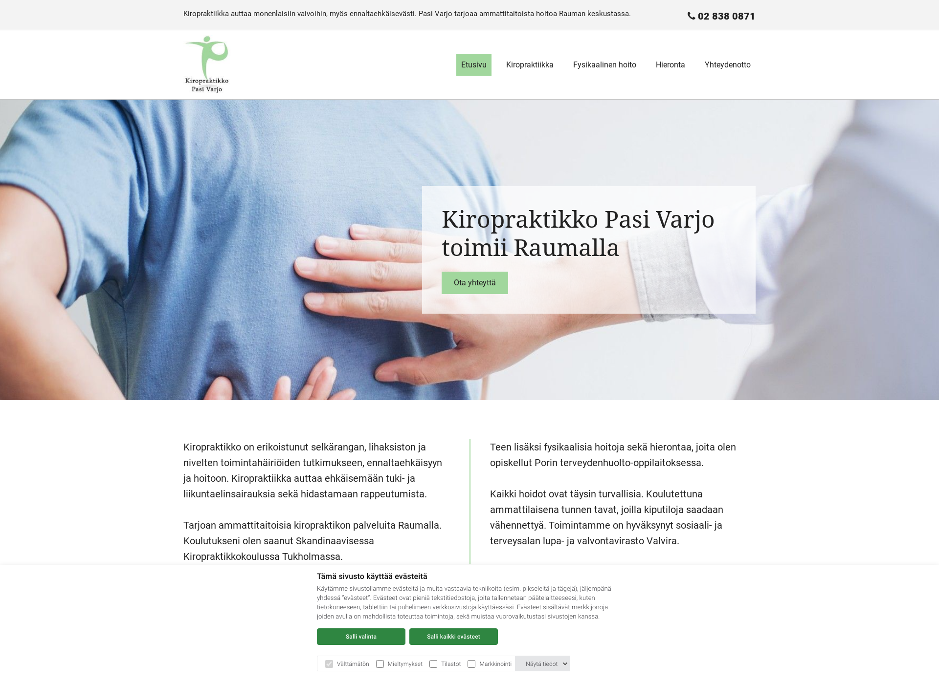 Skärmdump för kiropraktikkopasivarjo.fi
