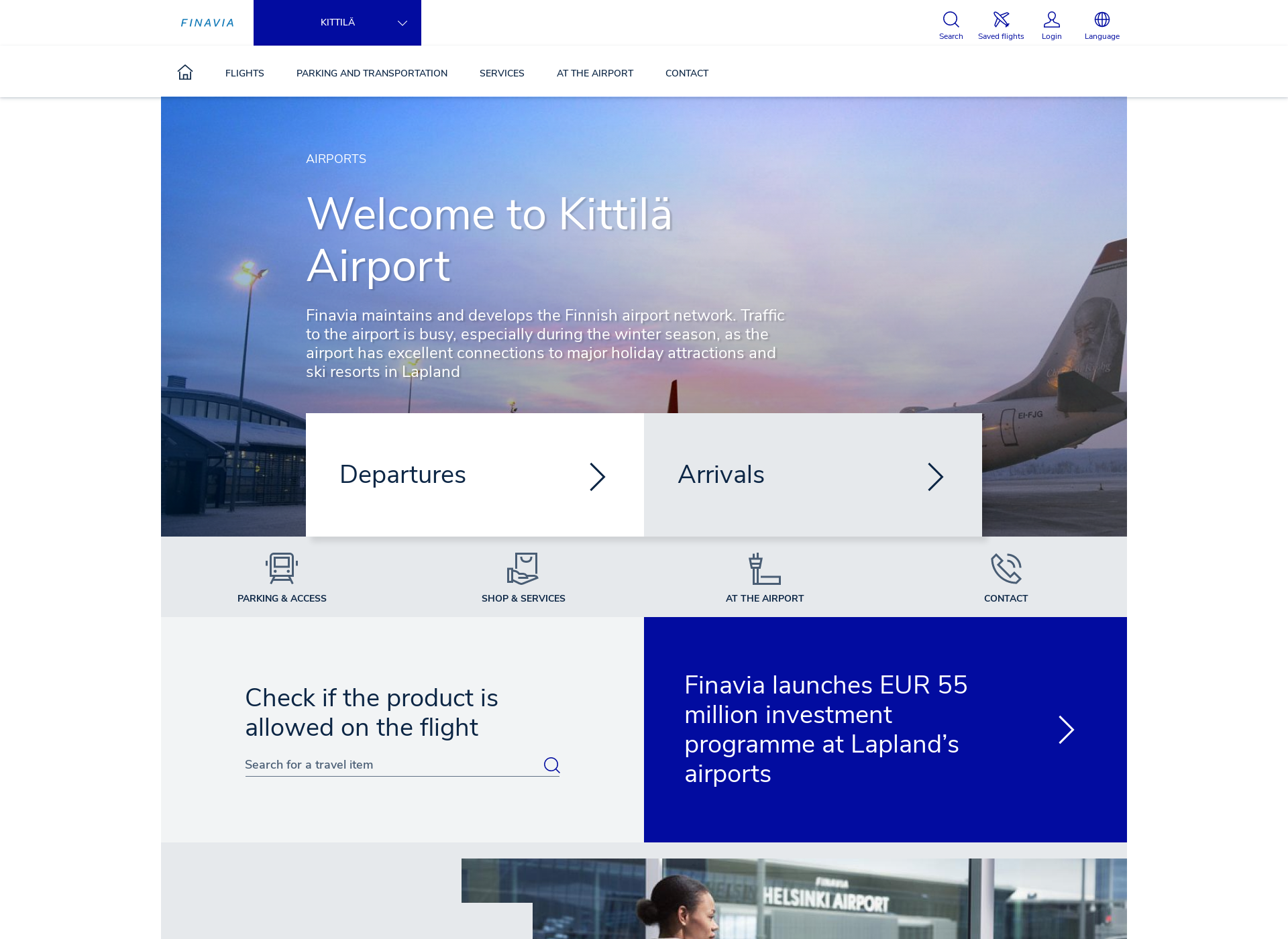 Skärmdump för kittilaairport.fi