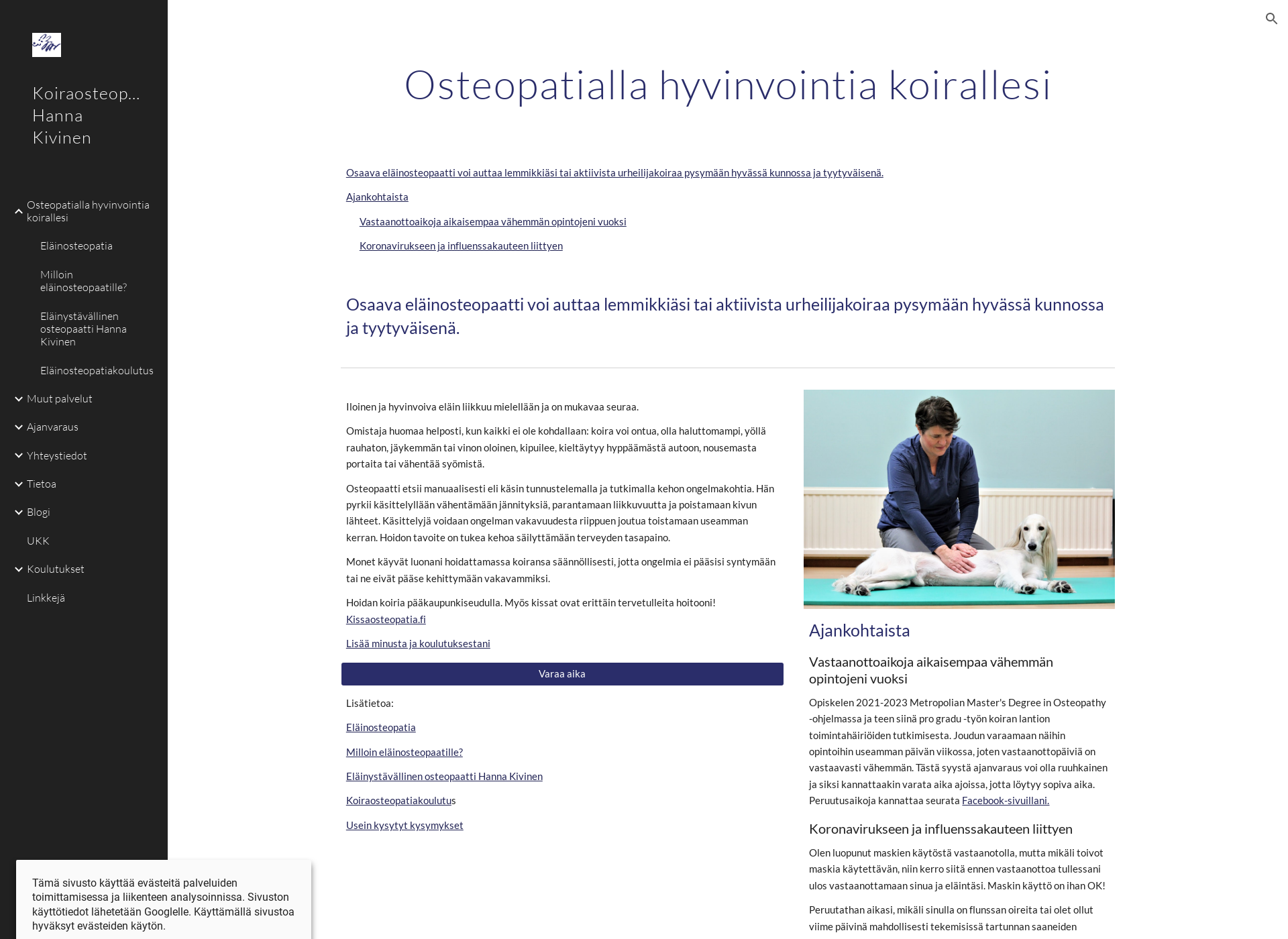 Skärmdump för koiraosteopatia.fi