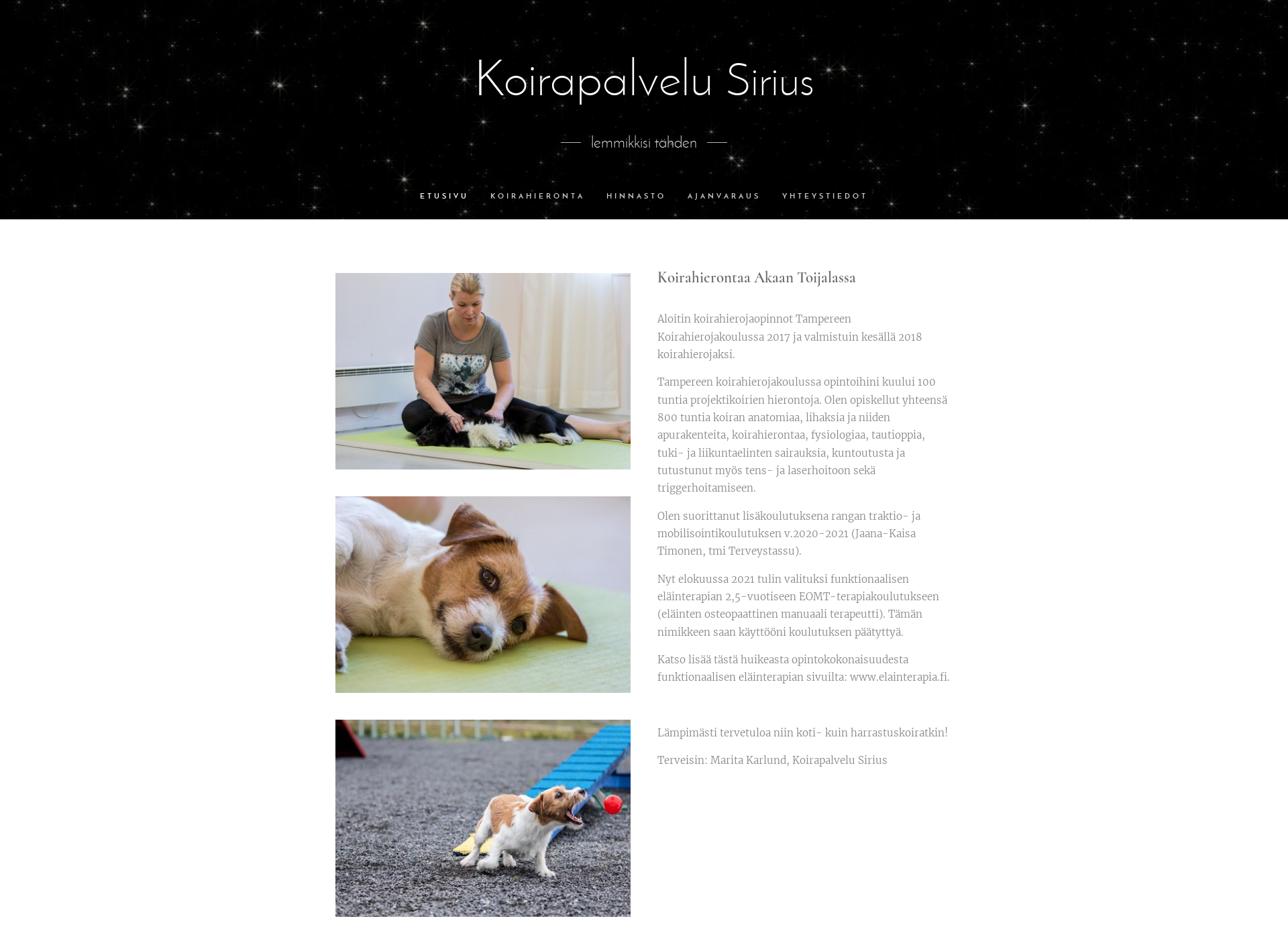 Skärmdump för koirapalvelusirius.fi
