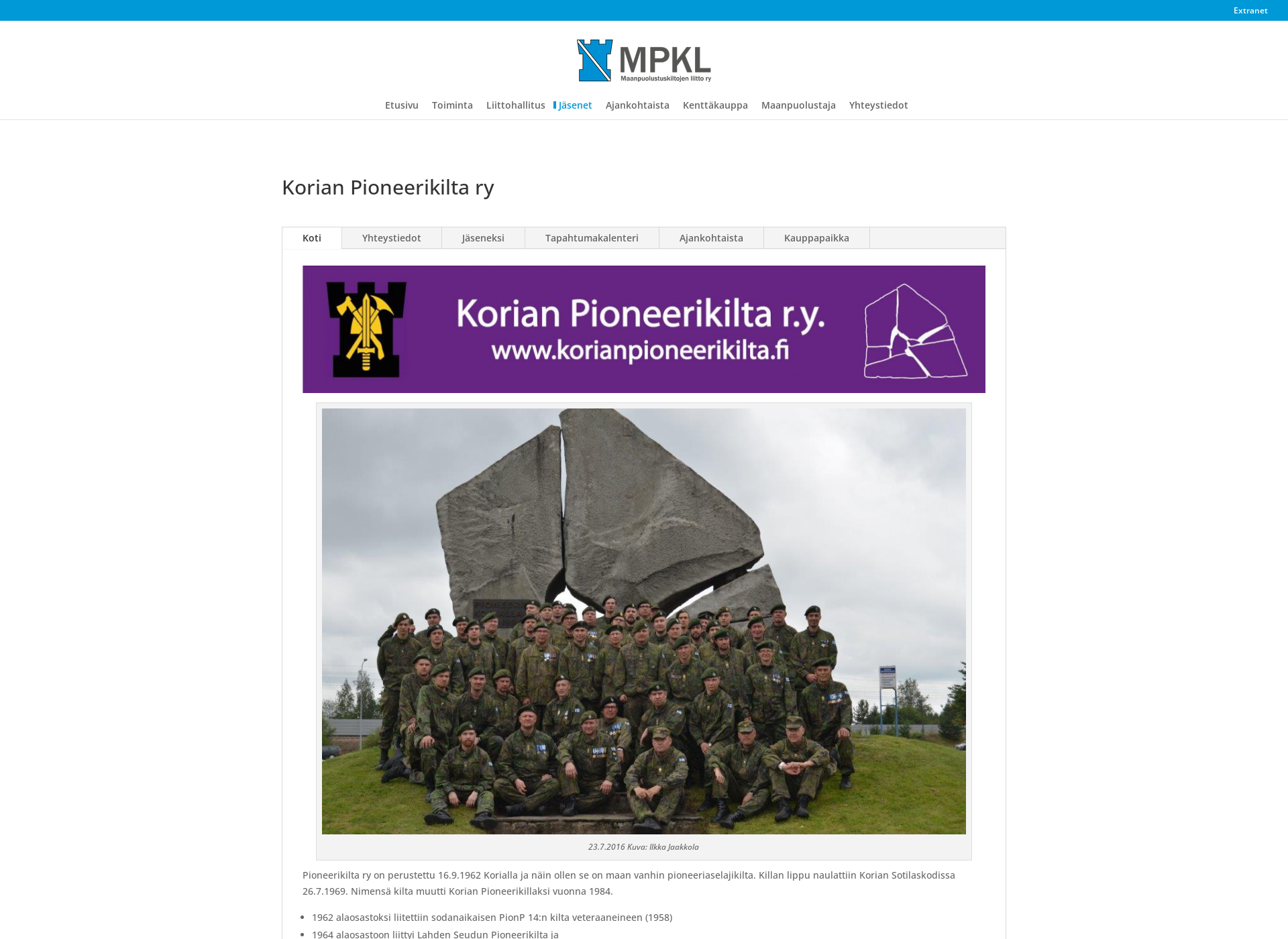 Skärmdump för korianpioneerikilta.fi