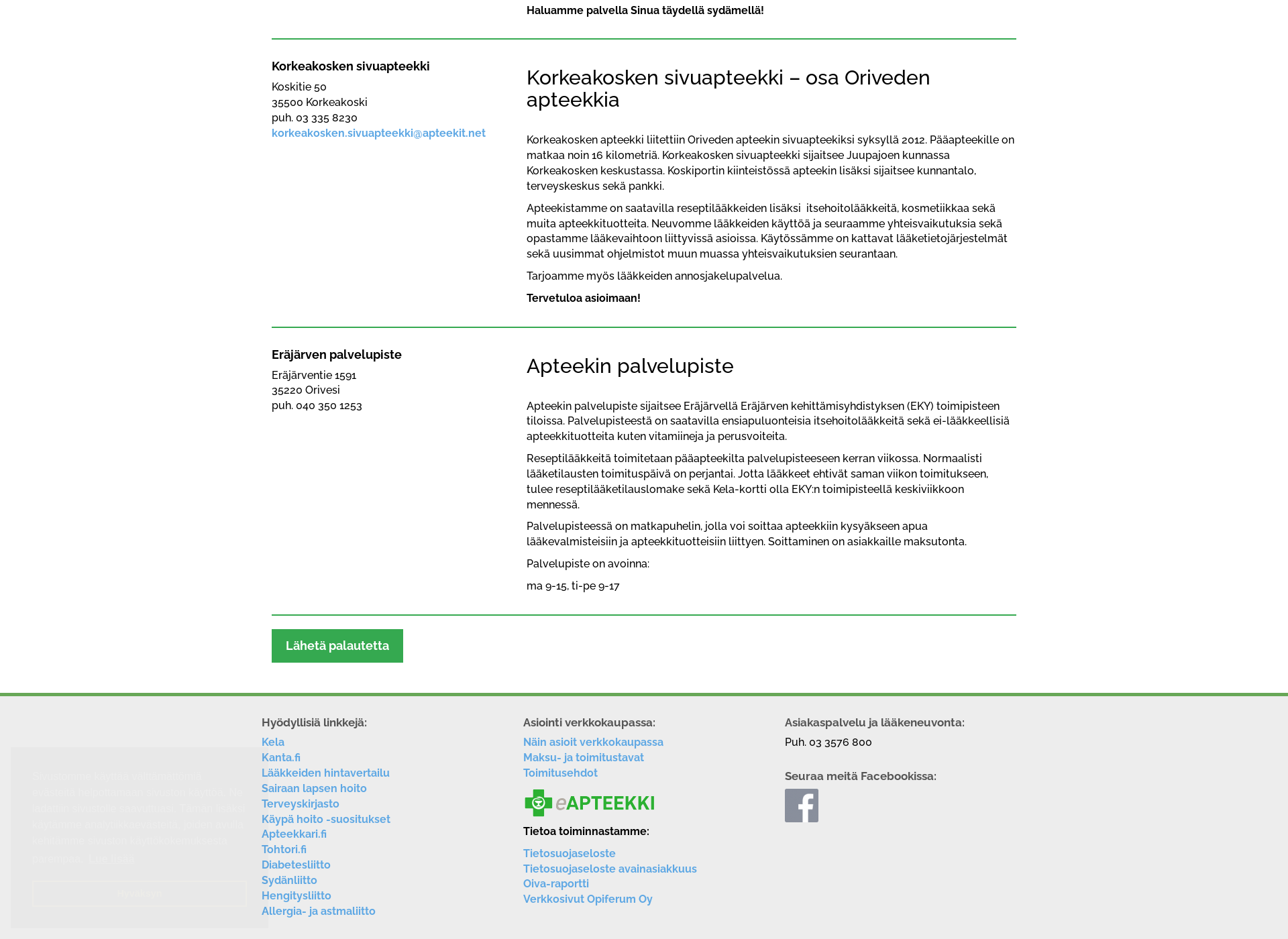 Skärmdump för korkeakoskenapteekki.fi