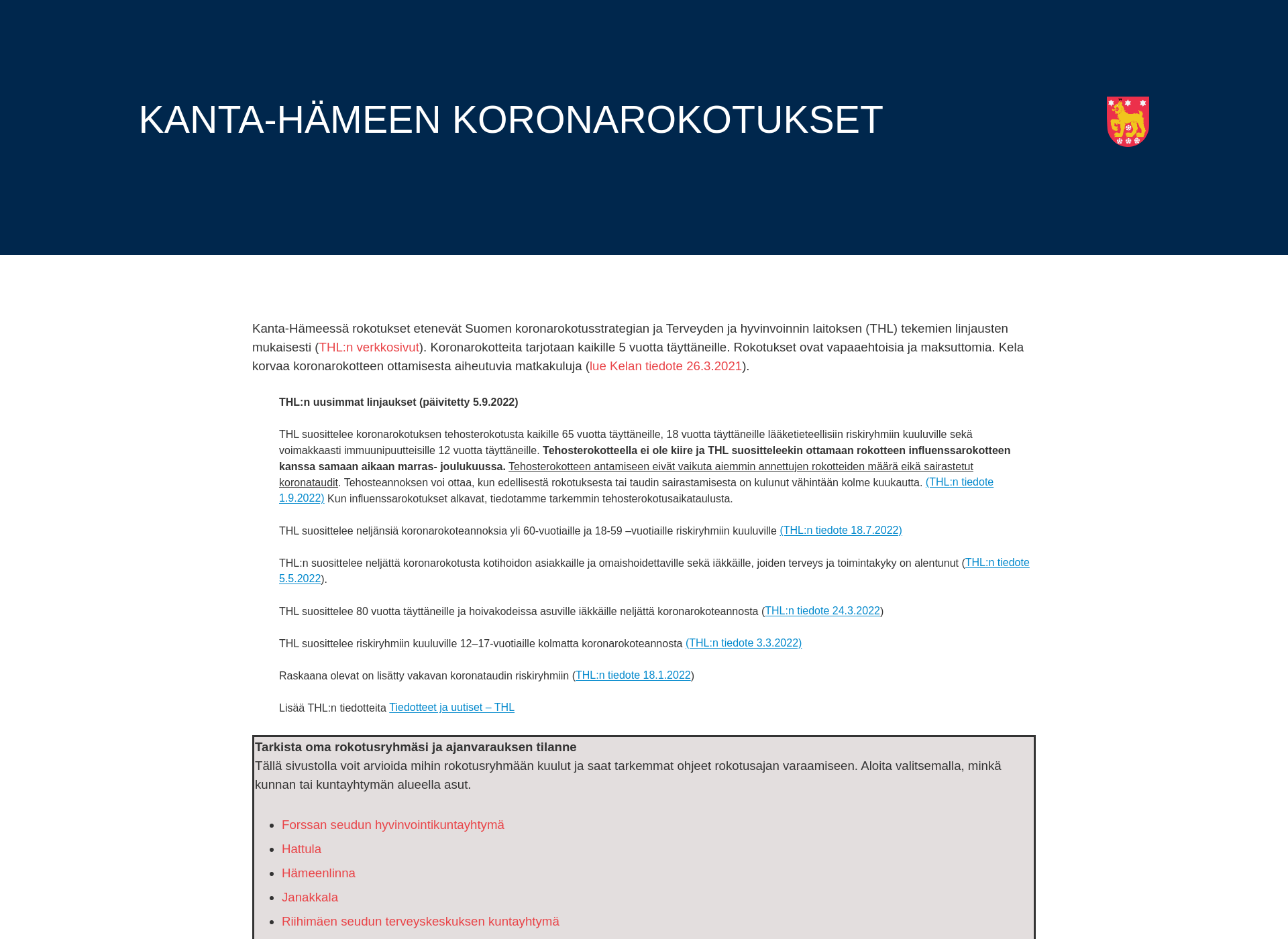 Screenshot for koronarokotuksetkantahame.fi