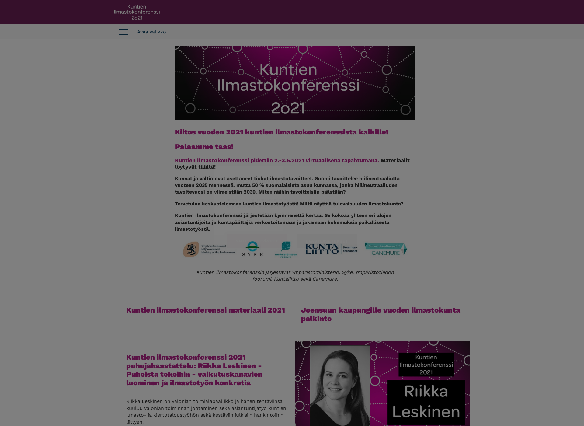 Skärmdump för kuntienilmastokonferenssi.fi