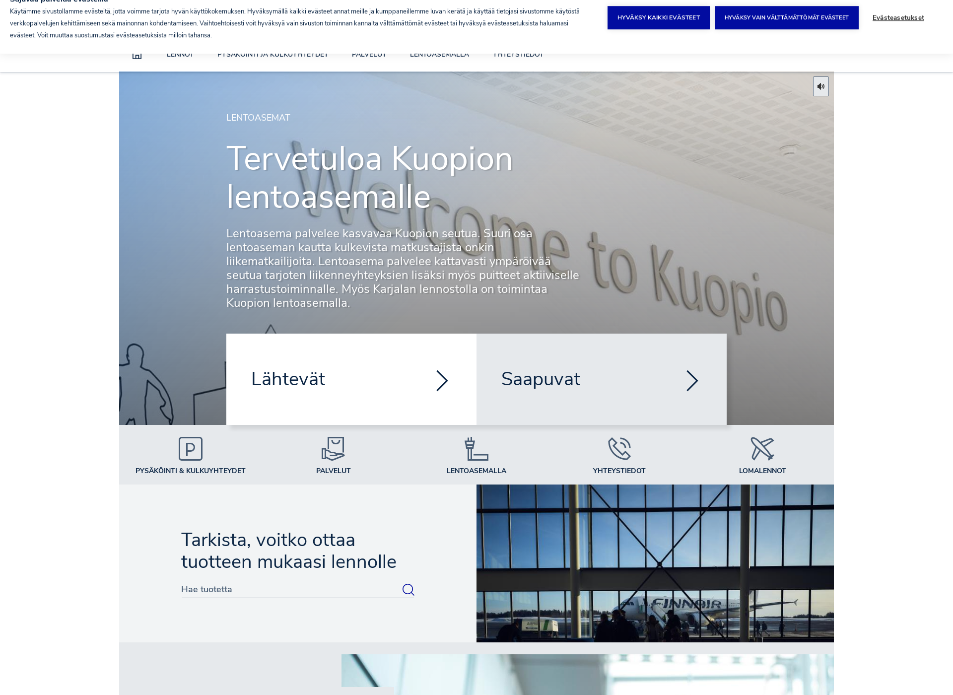 Skärmdump för kuopionlentoasema.fi