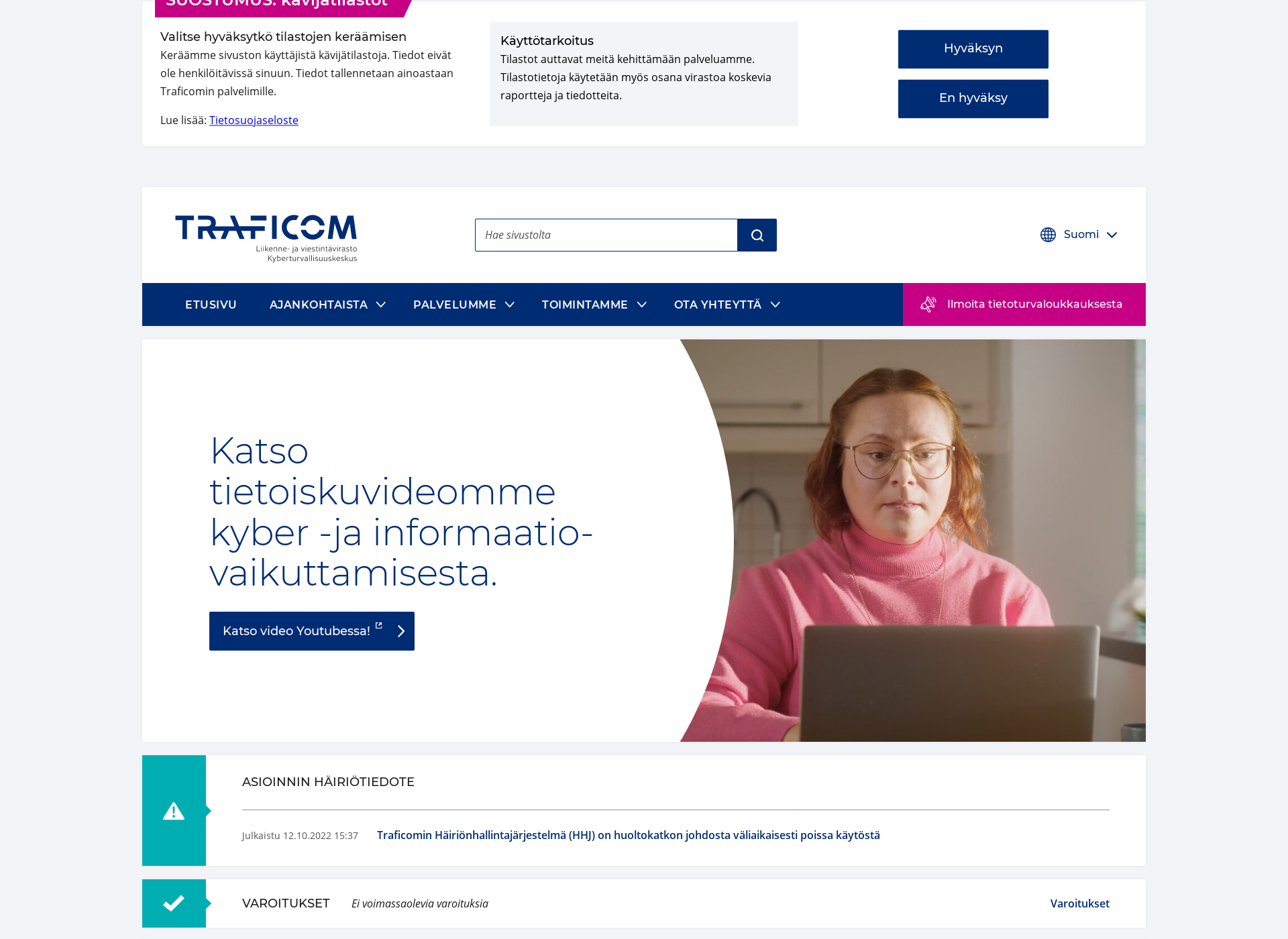 Skärmdump för kyberturvallisuuskeskus.fi