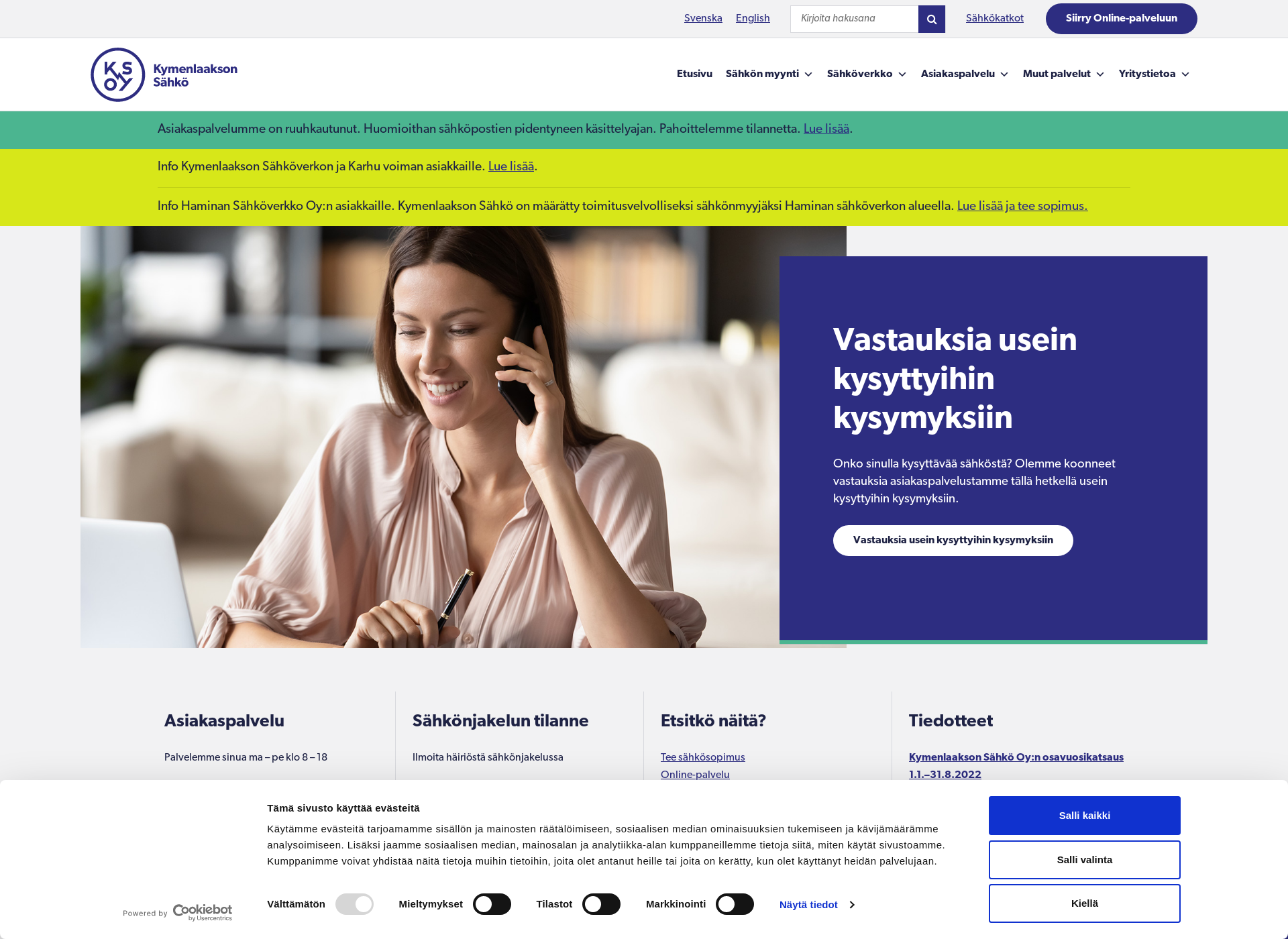 Skärmdump för kymenlaaksonsahko.fi