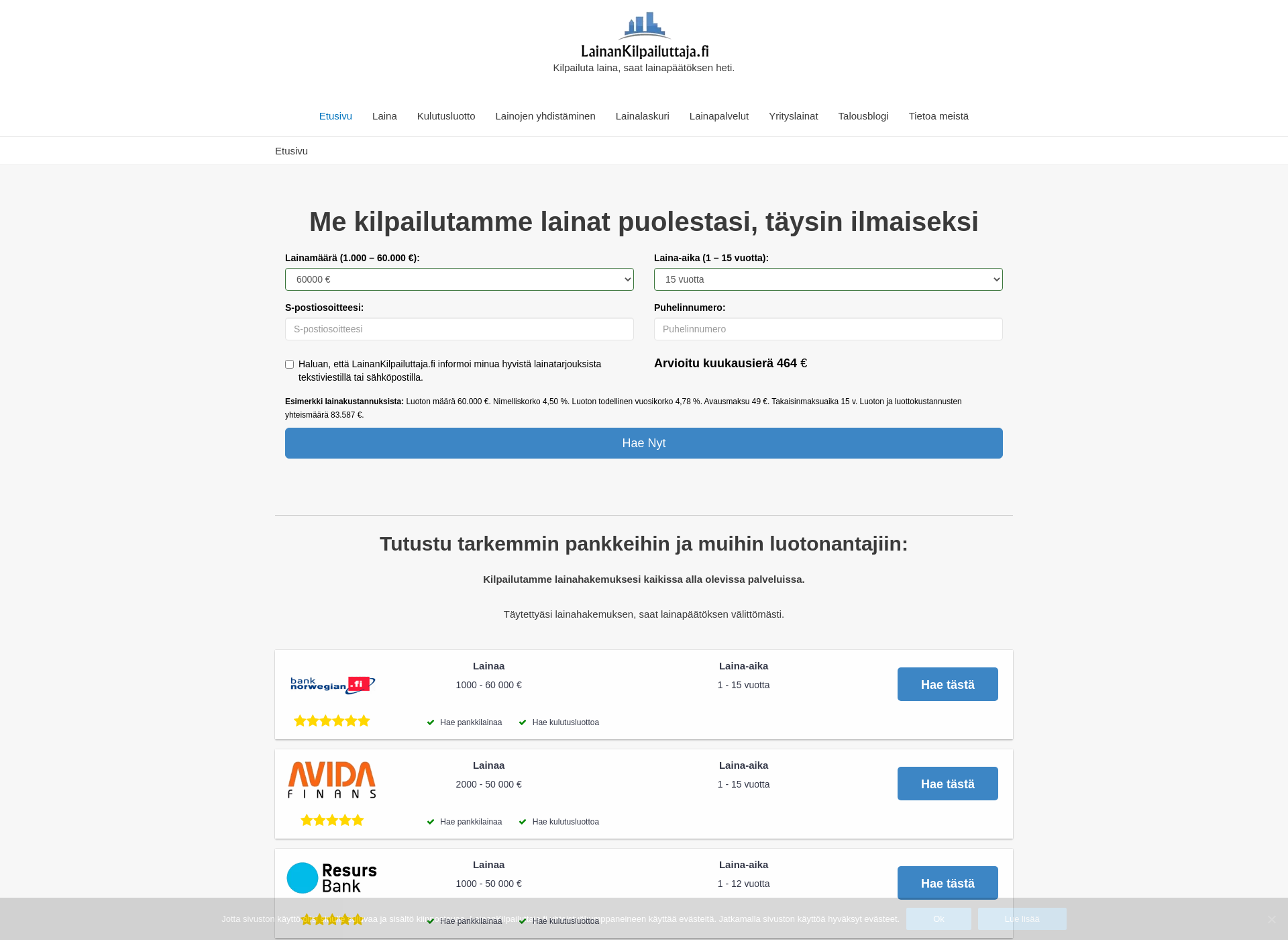 Skärmdump för lainankilpailuttaja.fi