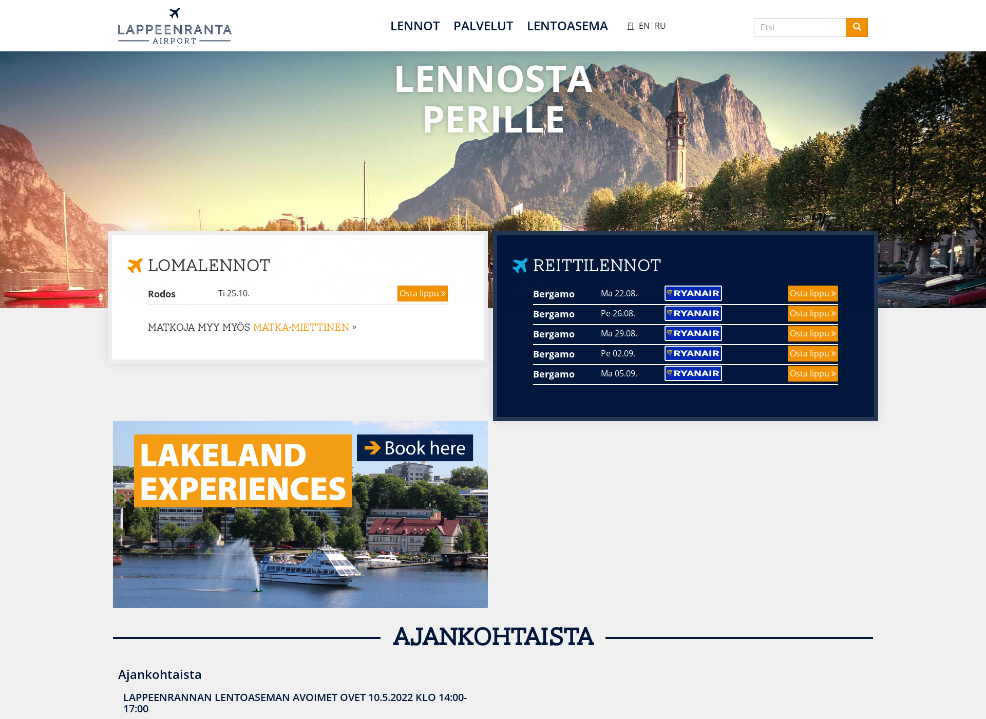Skärmdump för lappeenrantaairport.fi