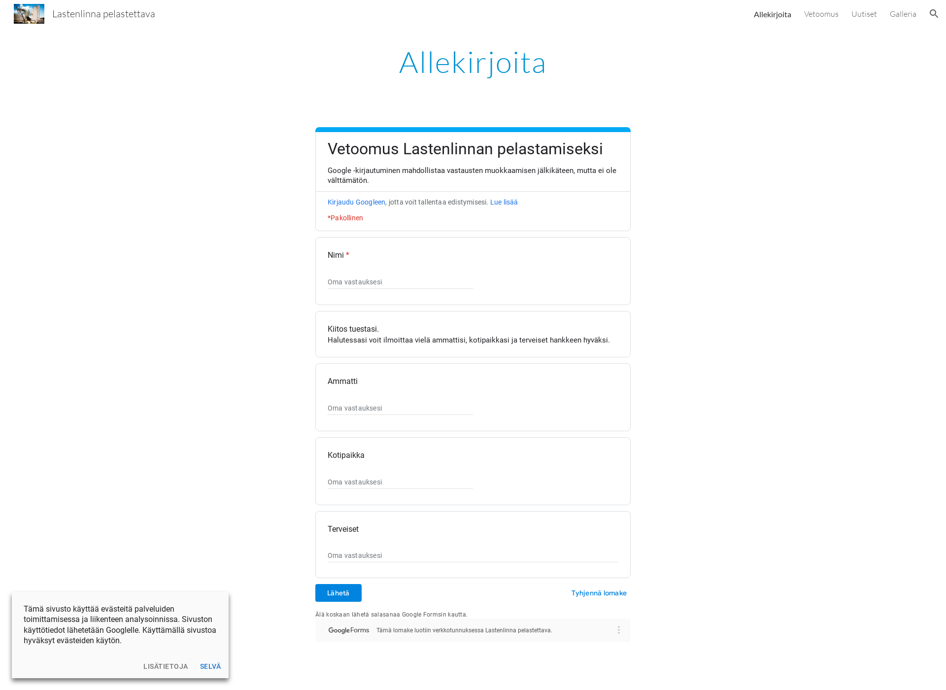 Skärmdump för lastenlinnapelastettava.fi