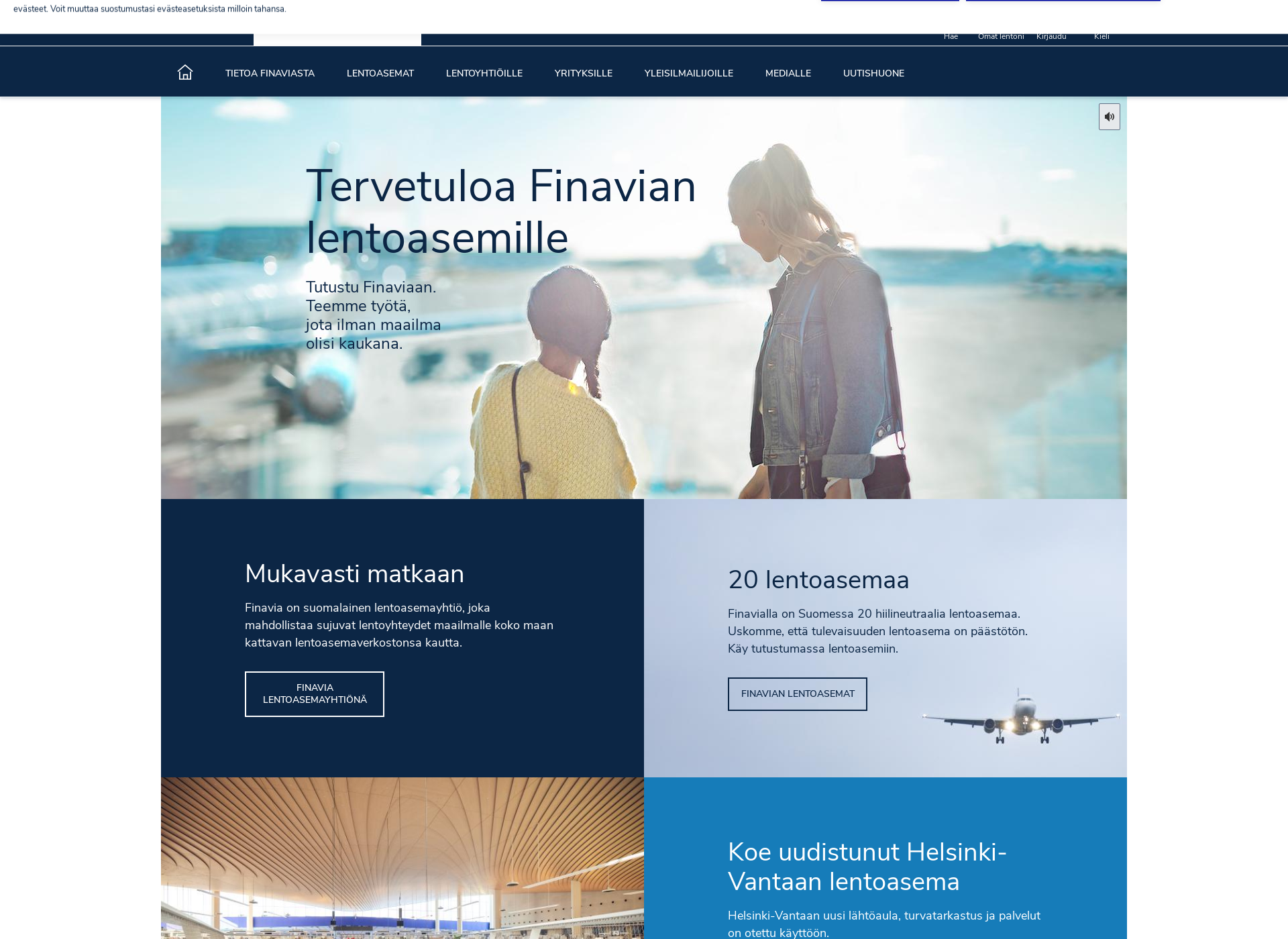Skärmdump för lentoasemat.fi