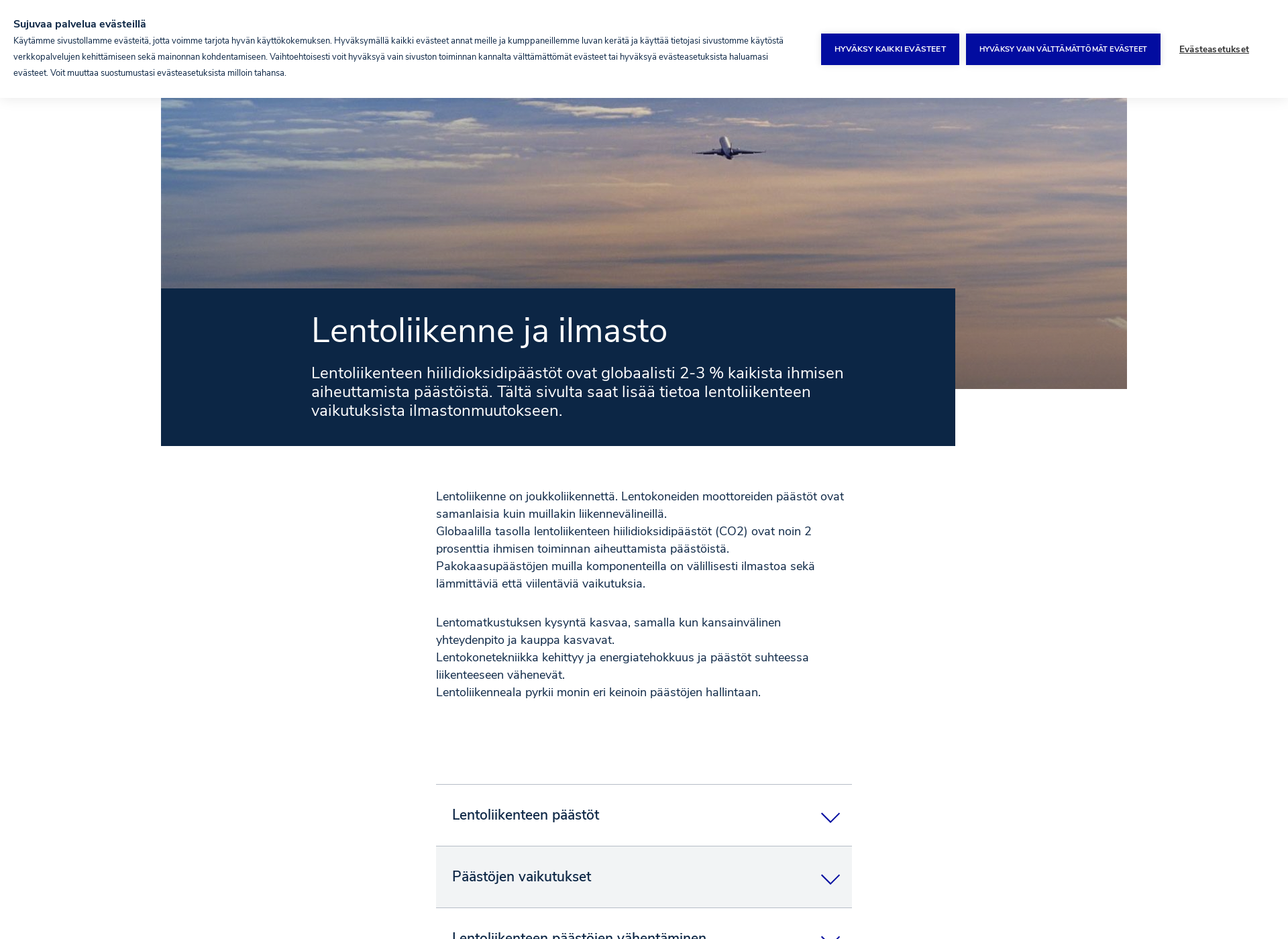 Skärmdump för lentoliikennejailmasto.fi