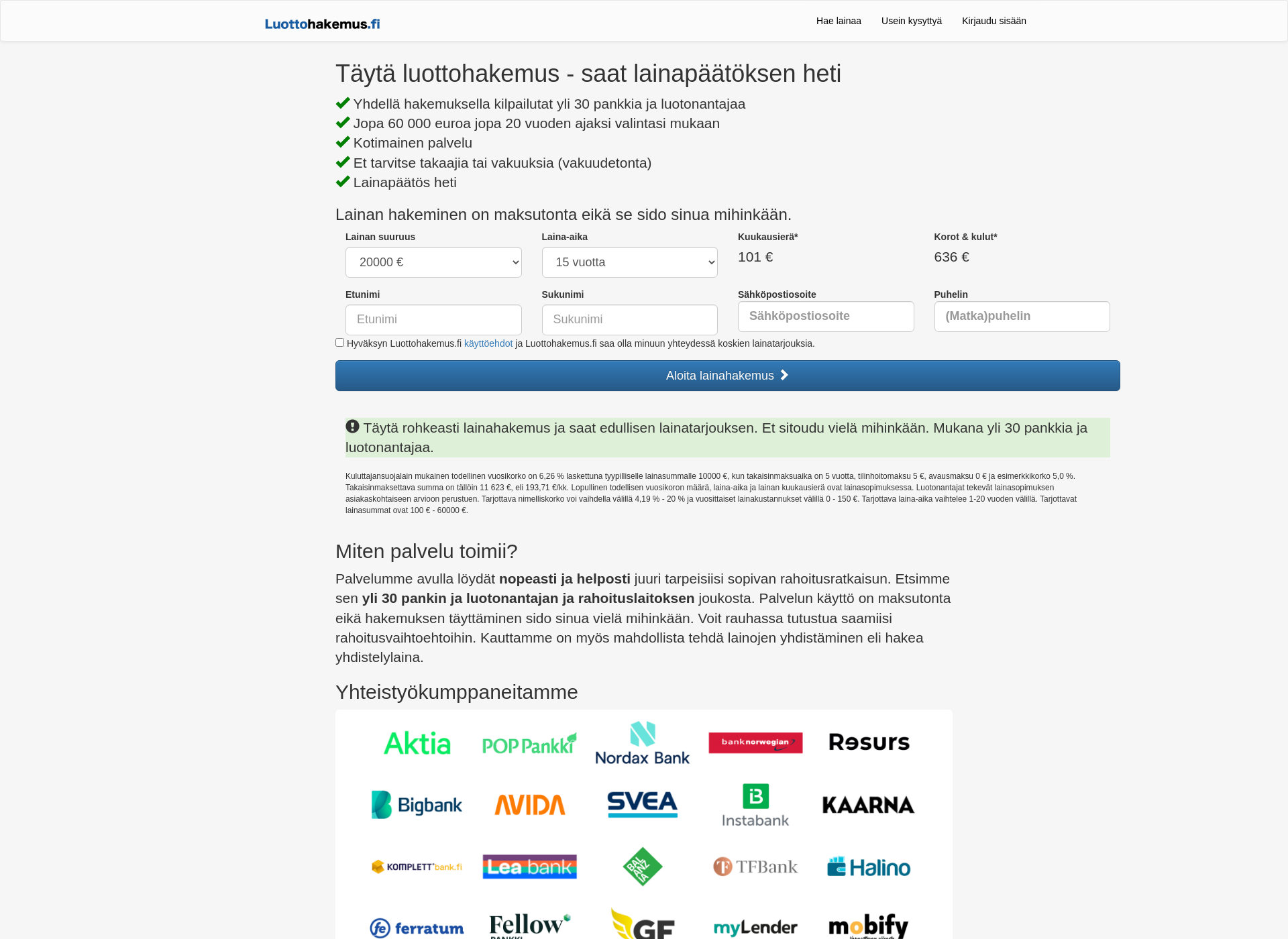 Skärmdump för luottohakemus.fi
