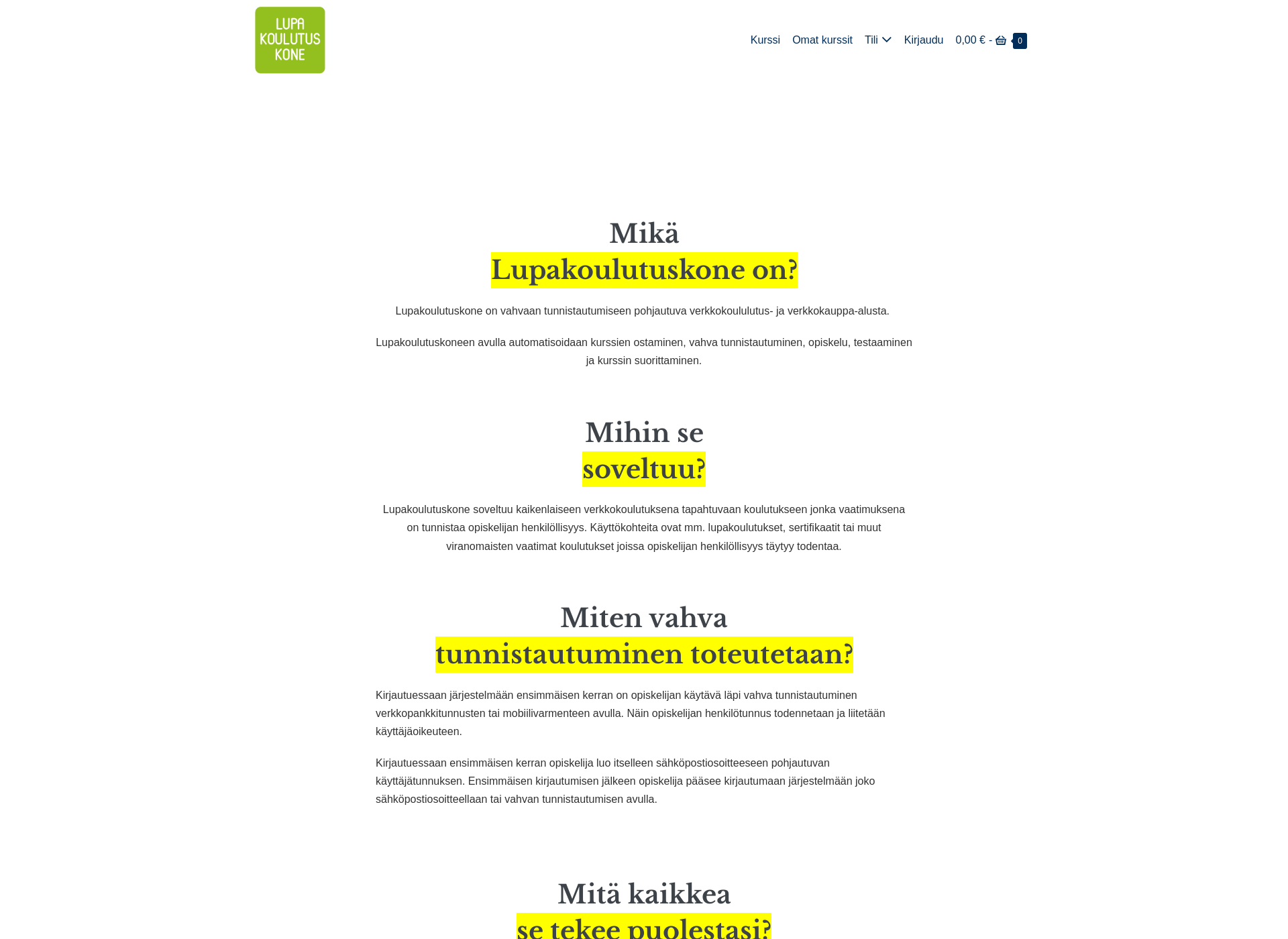 Skärmdump för lupakoulutuskone.fi
