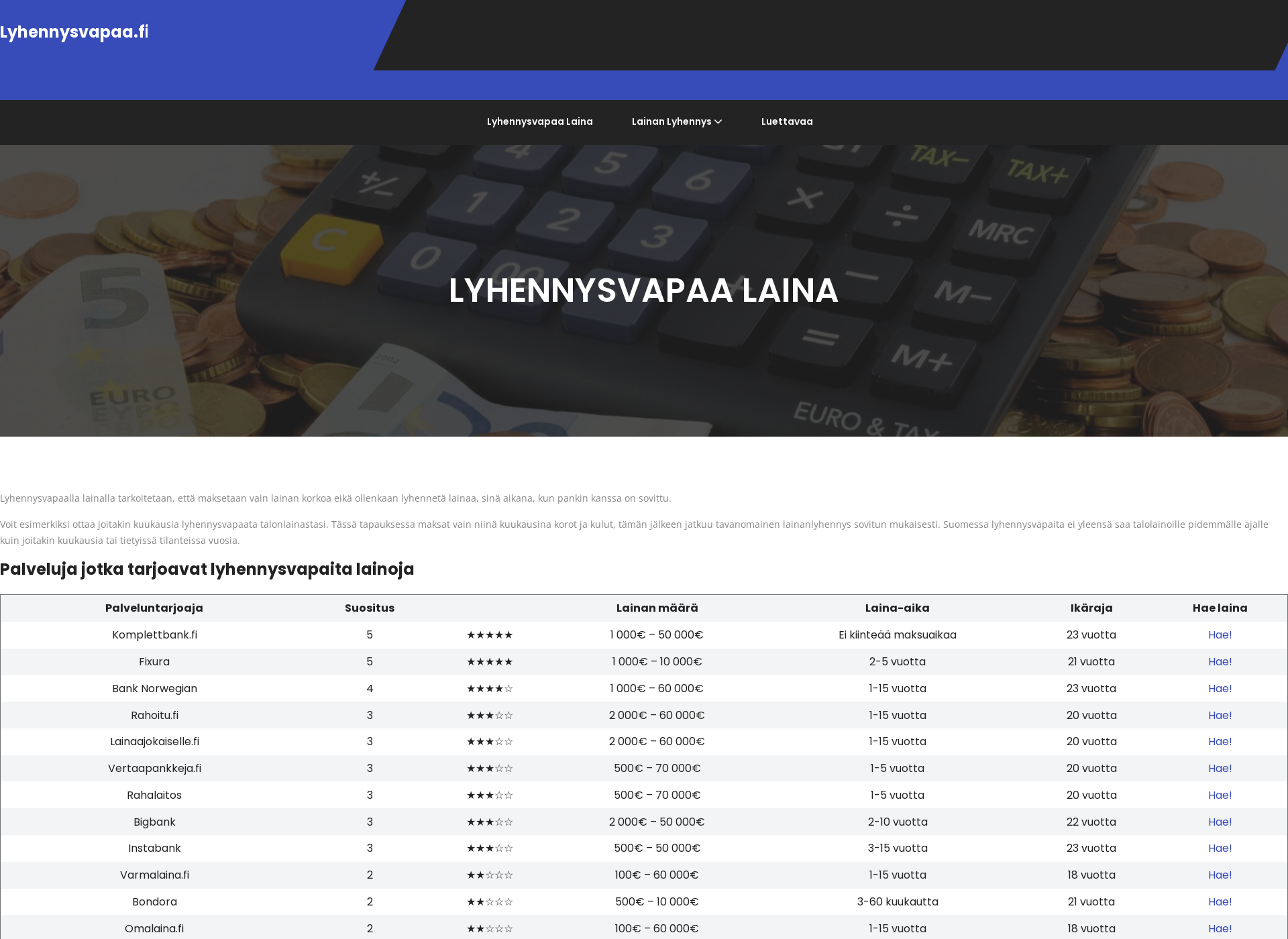Skärmdump för lyhennysvapaa.fi