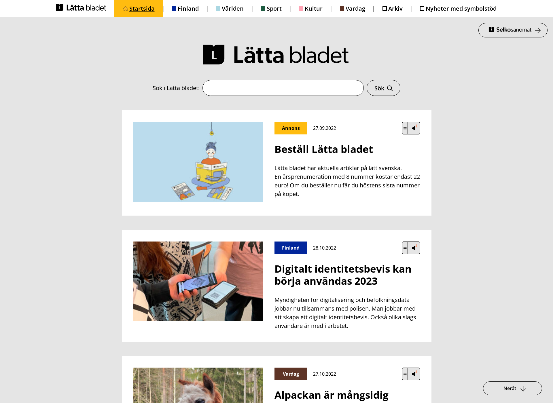 Skärmdump för lättabladet.fi