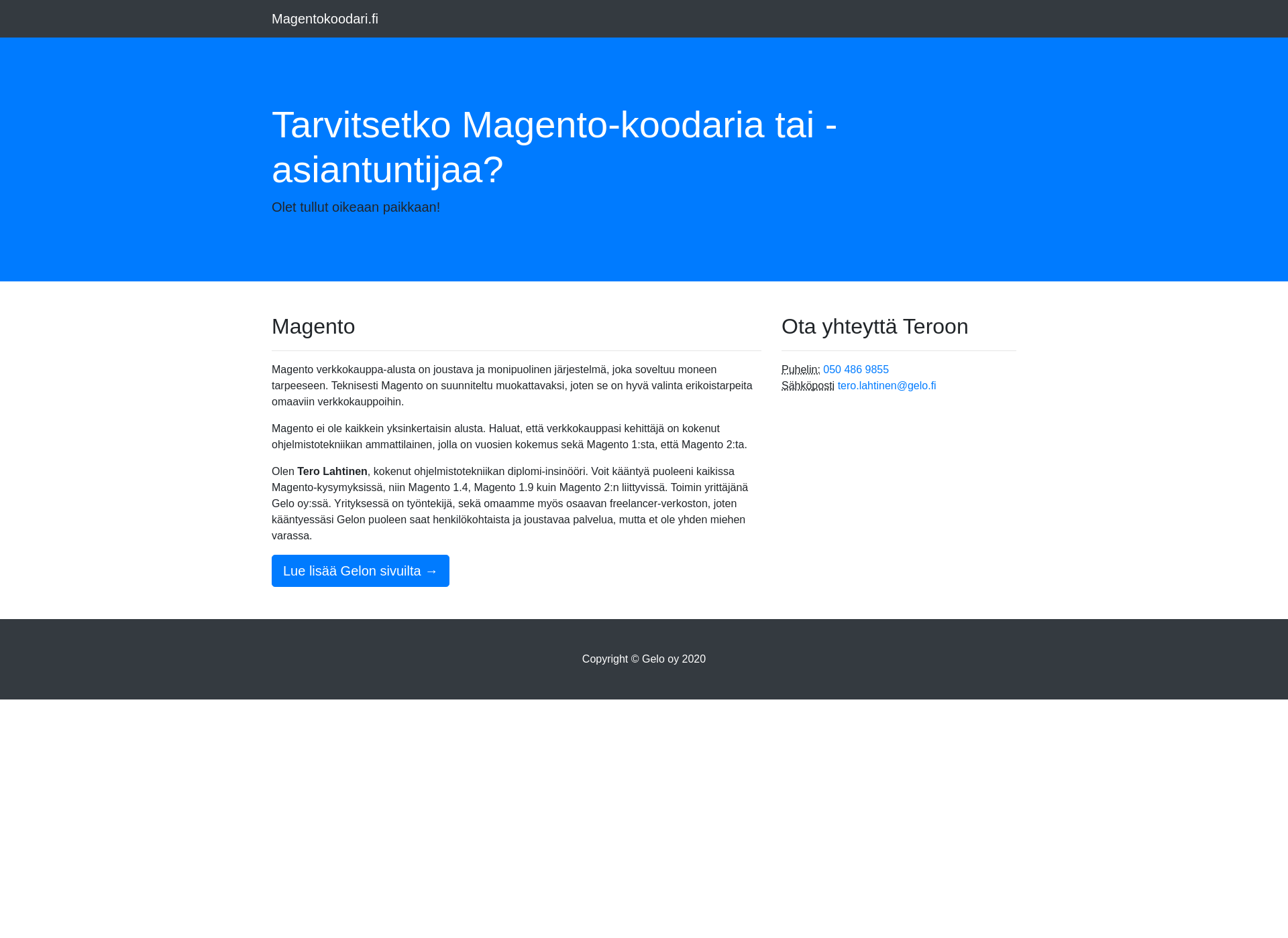 Skärmdump för magentokoodari.fi