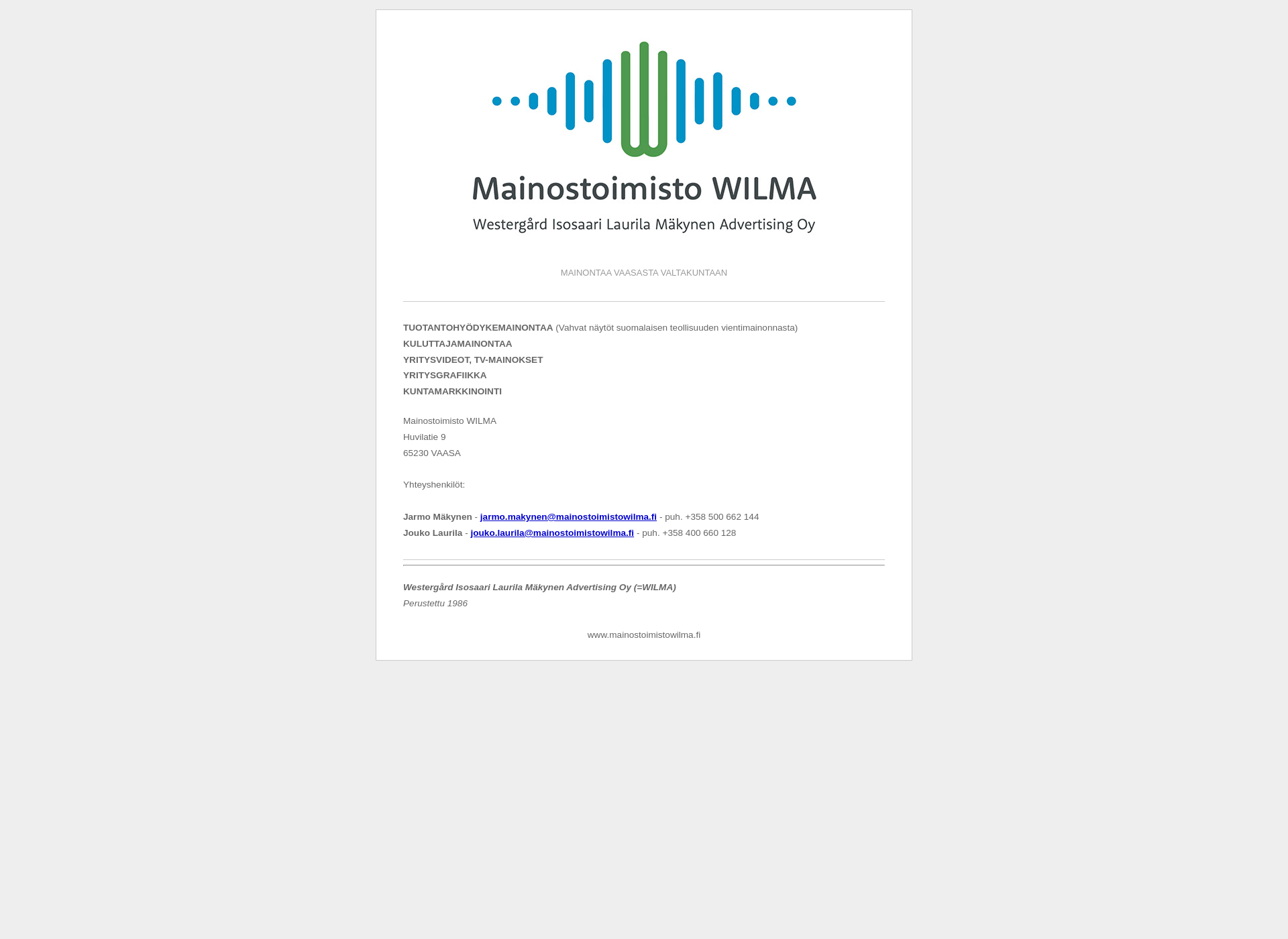 Skärmdump för mainostoimistowilma.fi