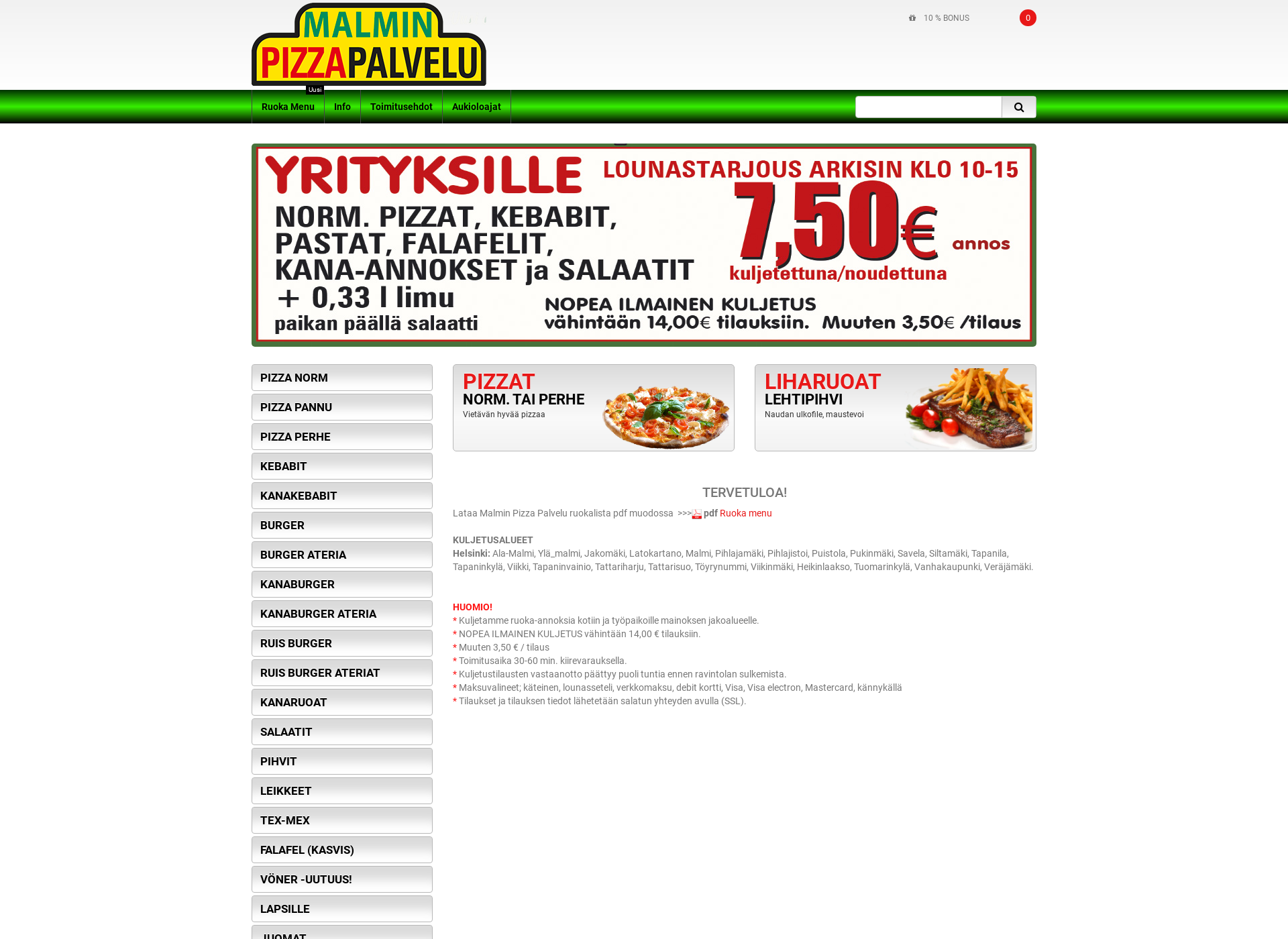 Skärmdump för malminpizzapalvelu.fi