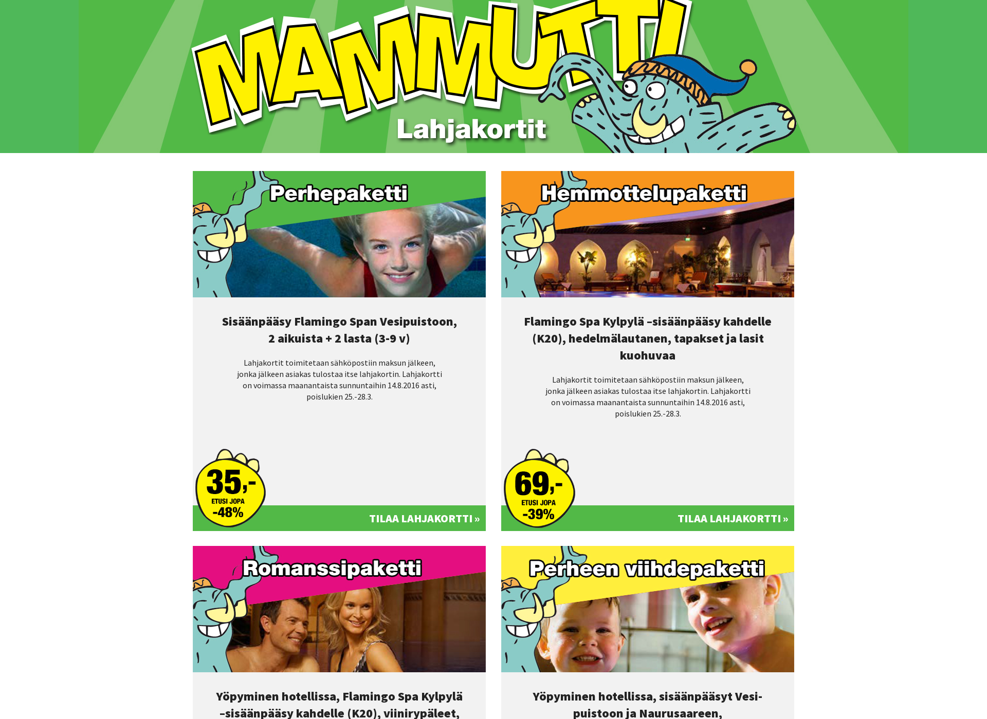 Skärmdump för mammuttilahjakortit.fi