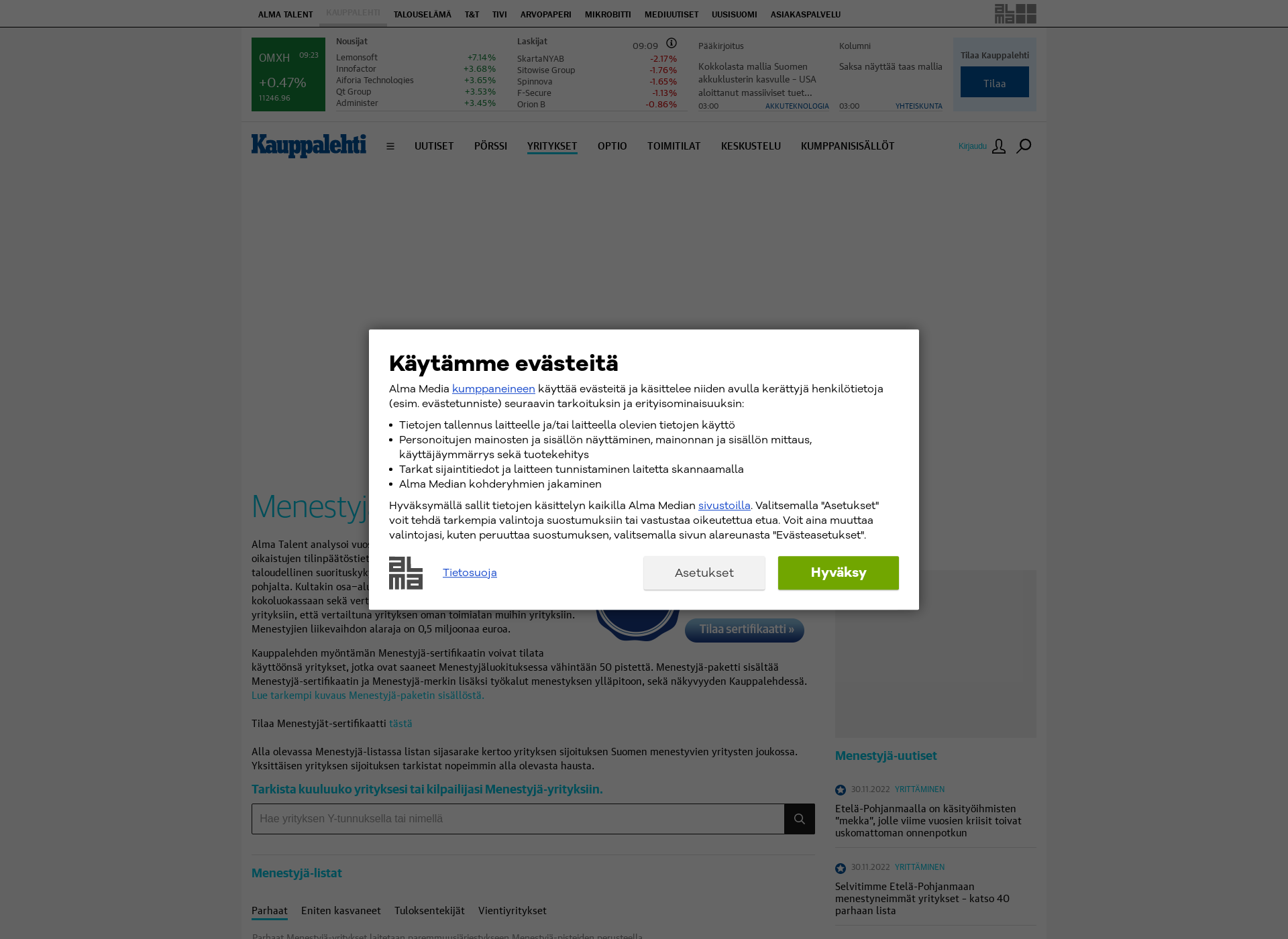 Skärmdump för menestyjat.fi
