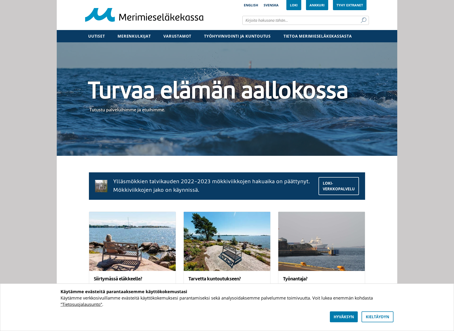 Skärmdump för merimieselakekassa.fi