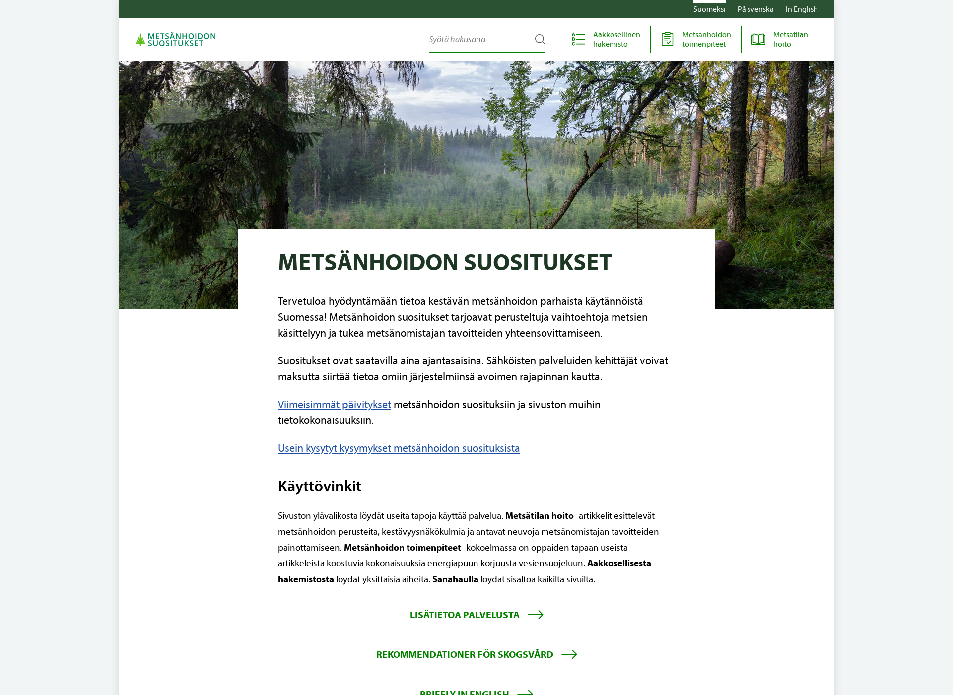 Skärmdump för metsahoitosuositukset.fi
