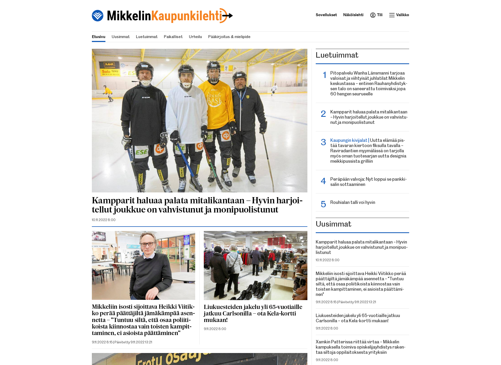Skärmdump för mikkelinkaupunkilehti.fi