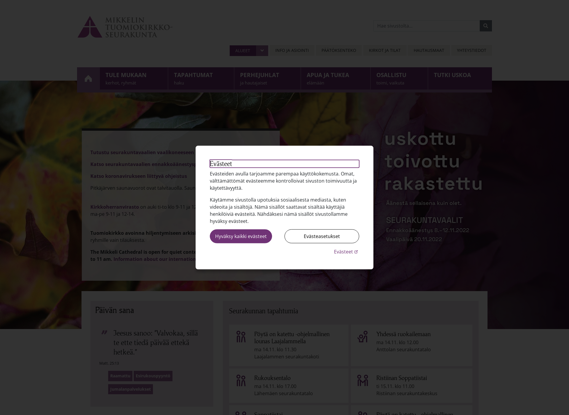 Skärmdump för mikkelintuomiokirkkoseurakunta.fi