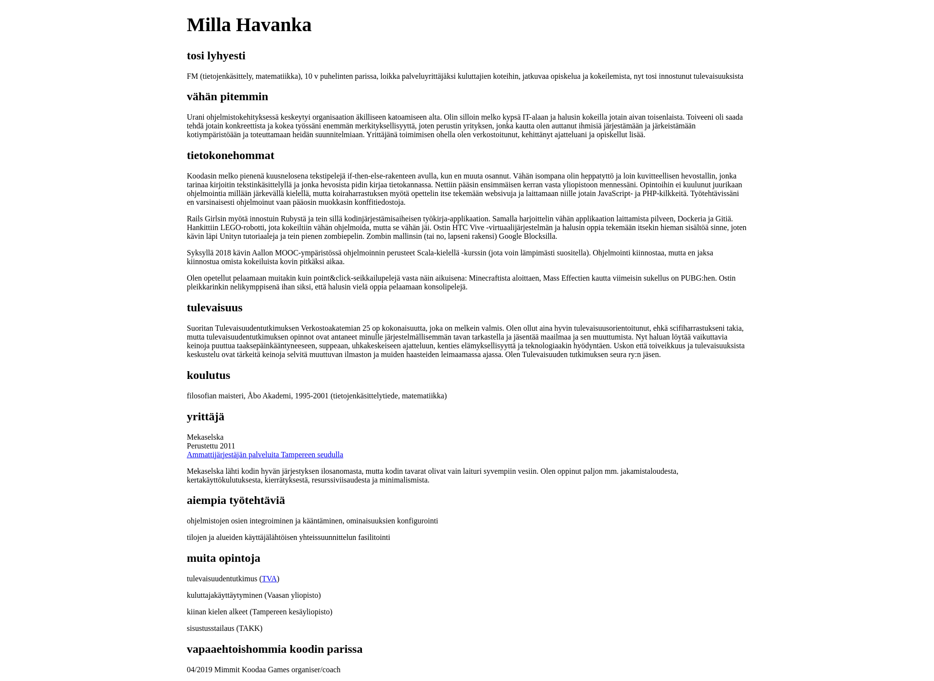 Skärmdump för millahavanka.fi
