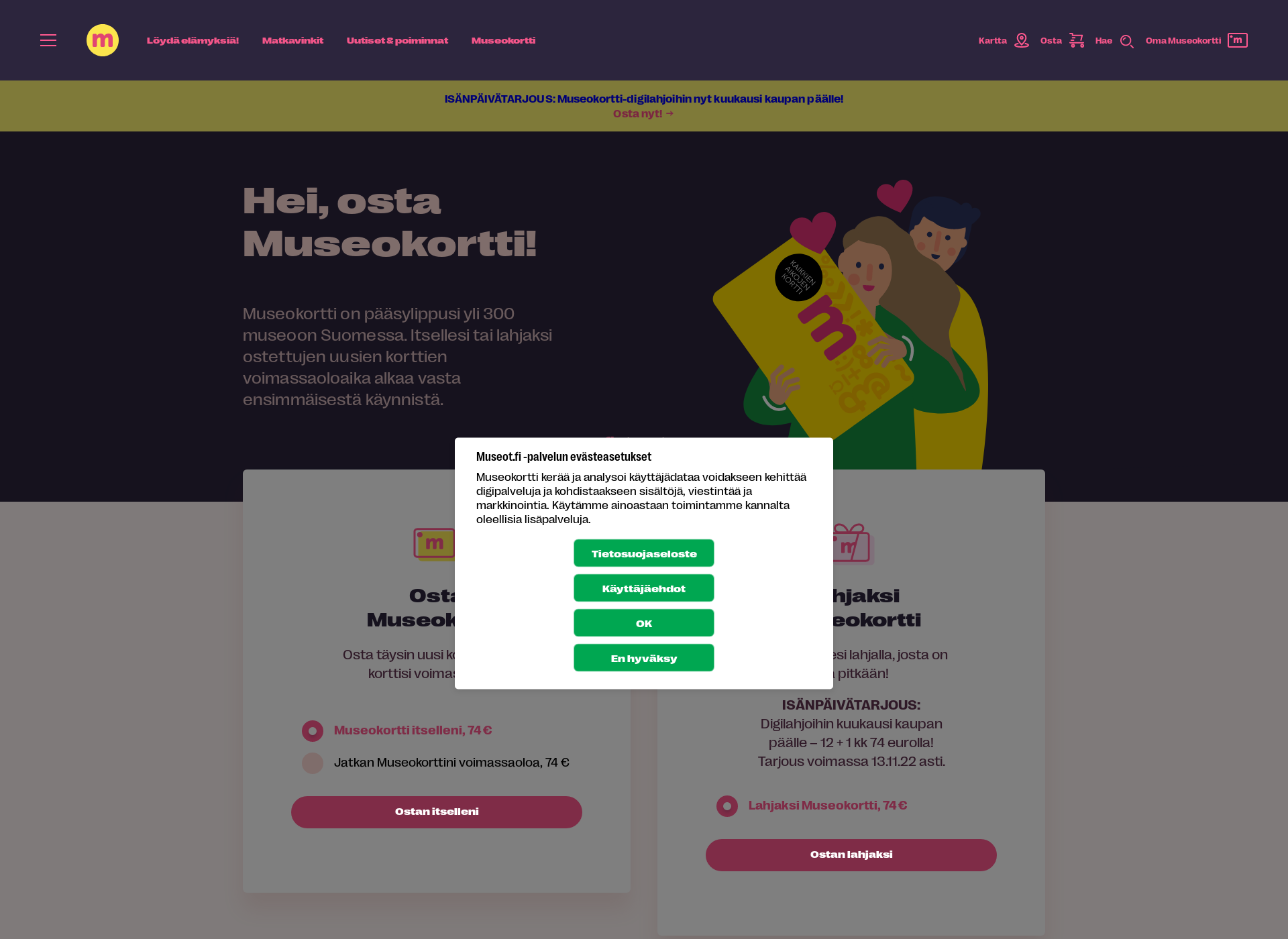 Skärmdump för museokortti.fi