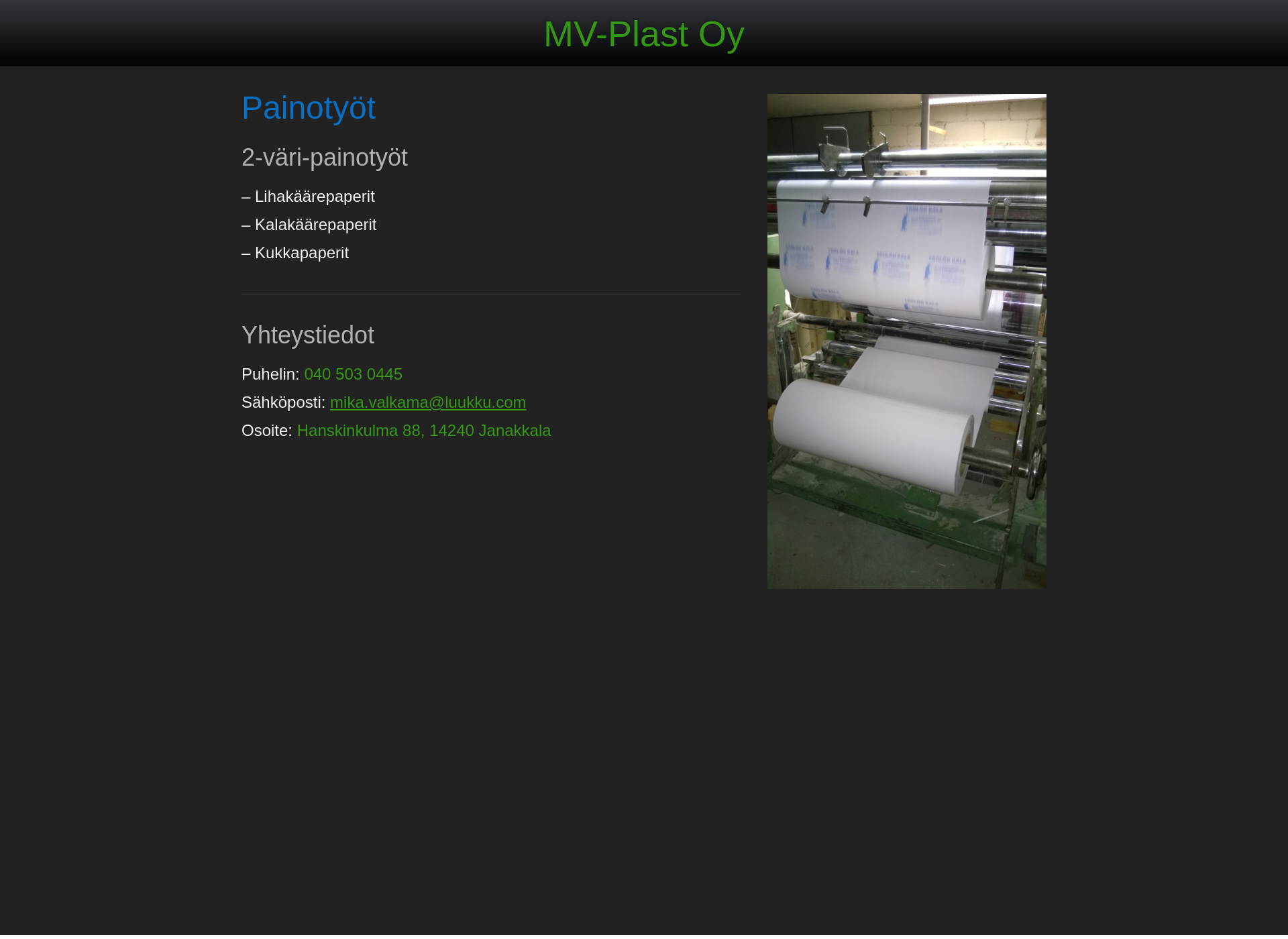 Skärmdump för mv-plast.fi