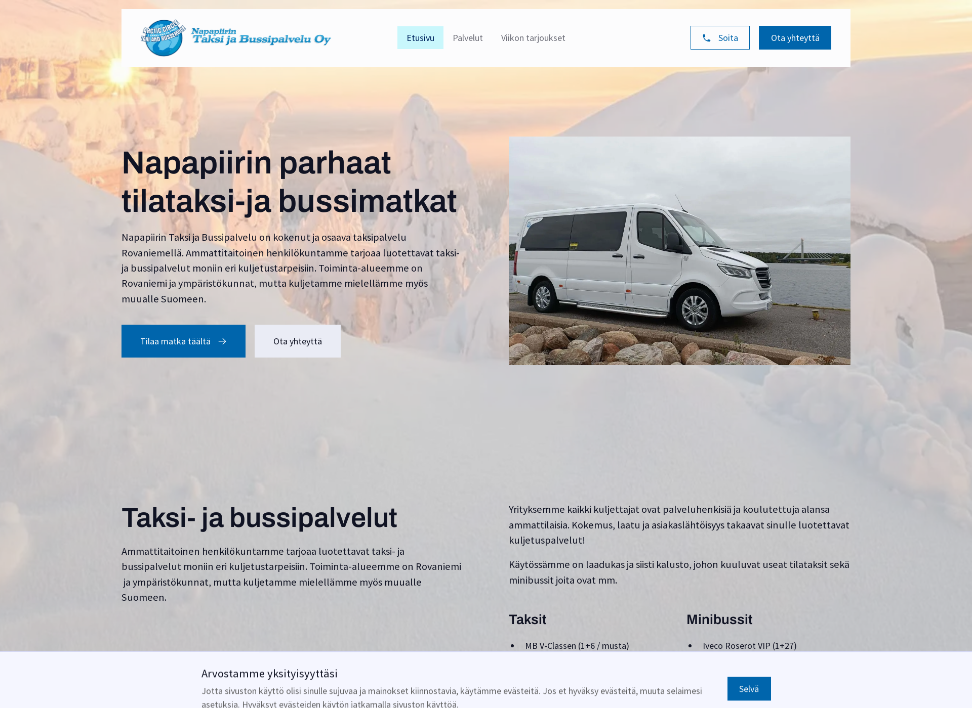 Skärmdump för napapiirintaksijabussipalvelu.fi