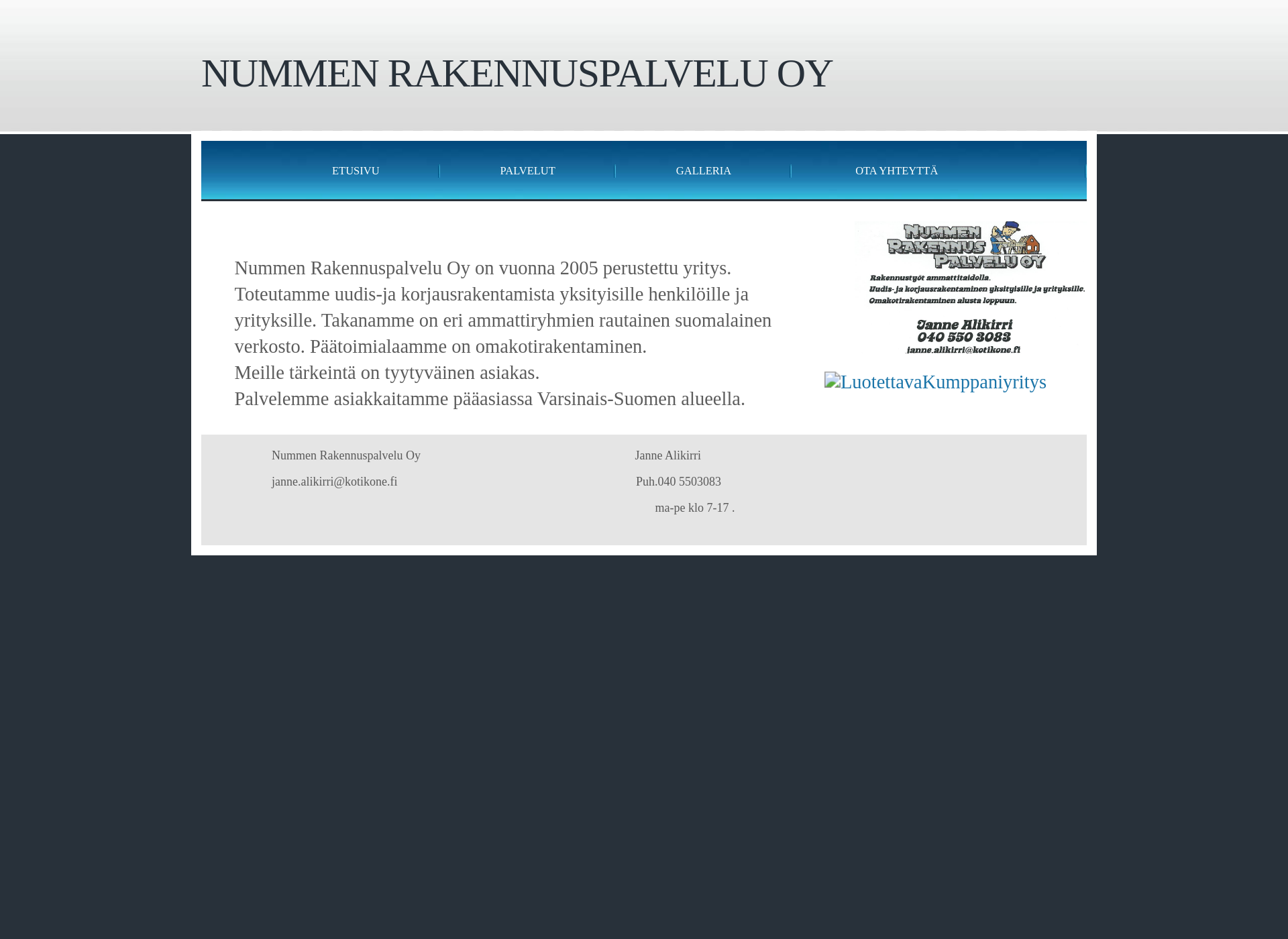Skärmdump för nummenrakennuspalvelu.fi