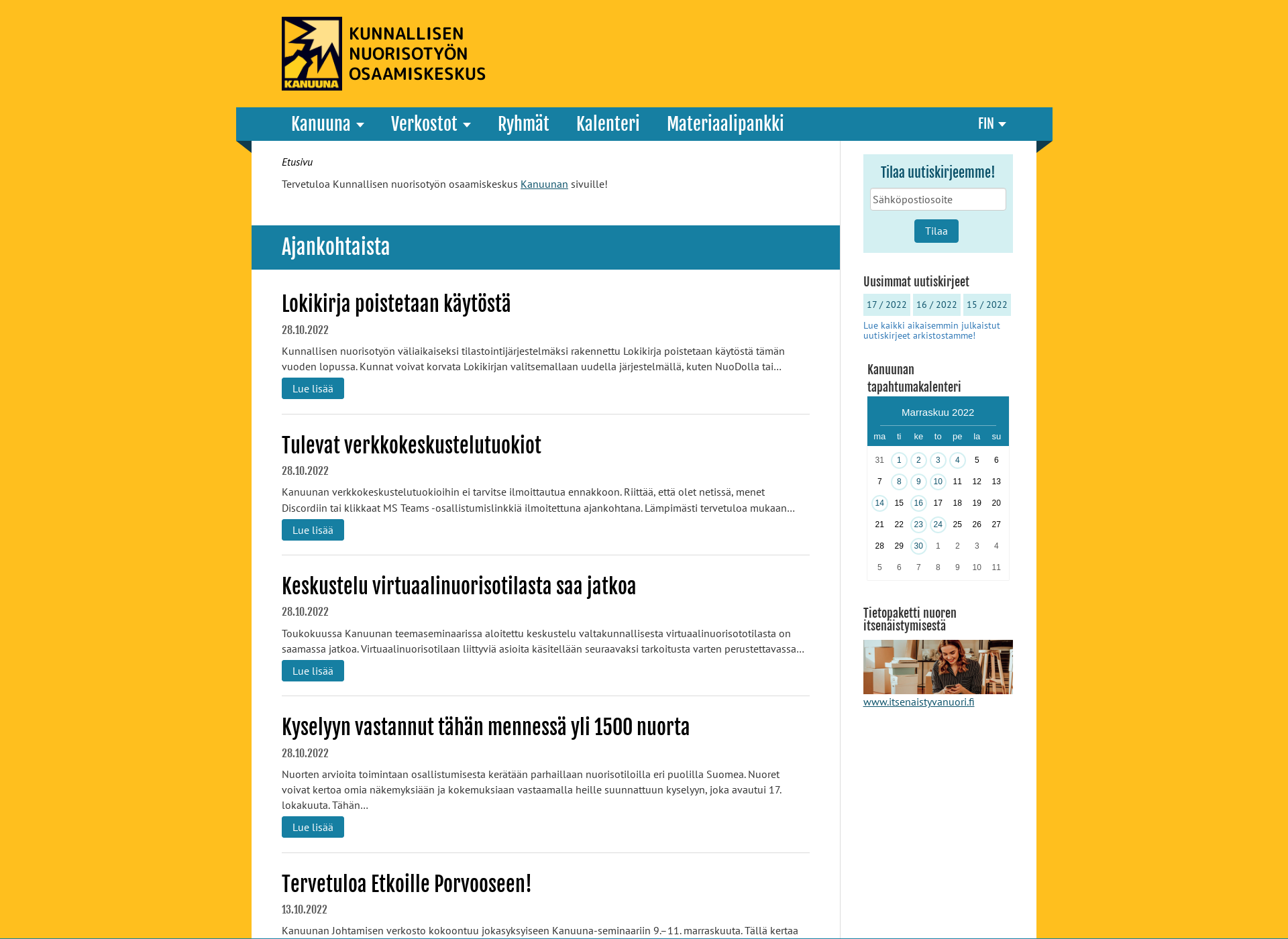 Skärmdump för nuorisokanuuna.fi