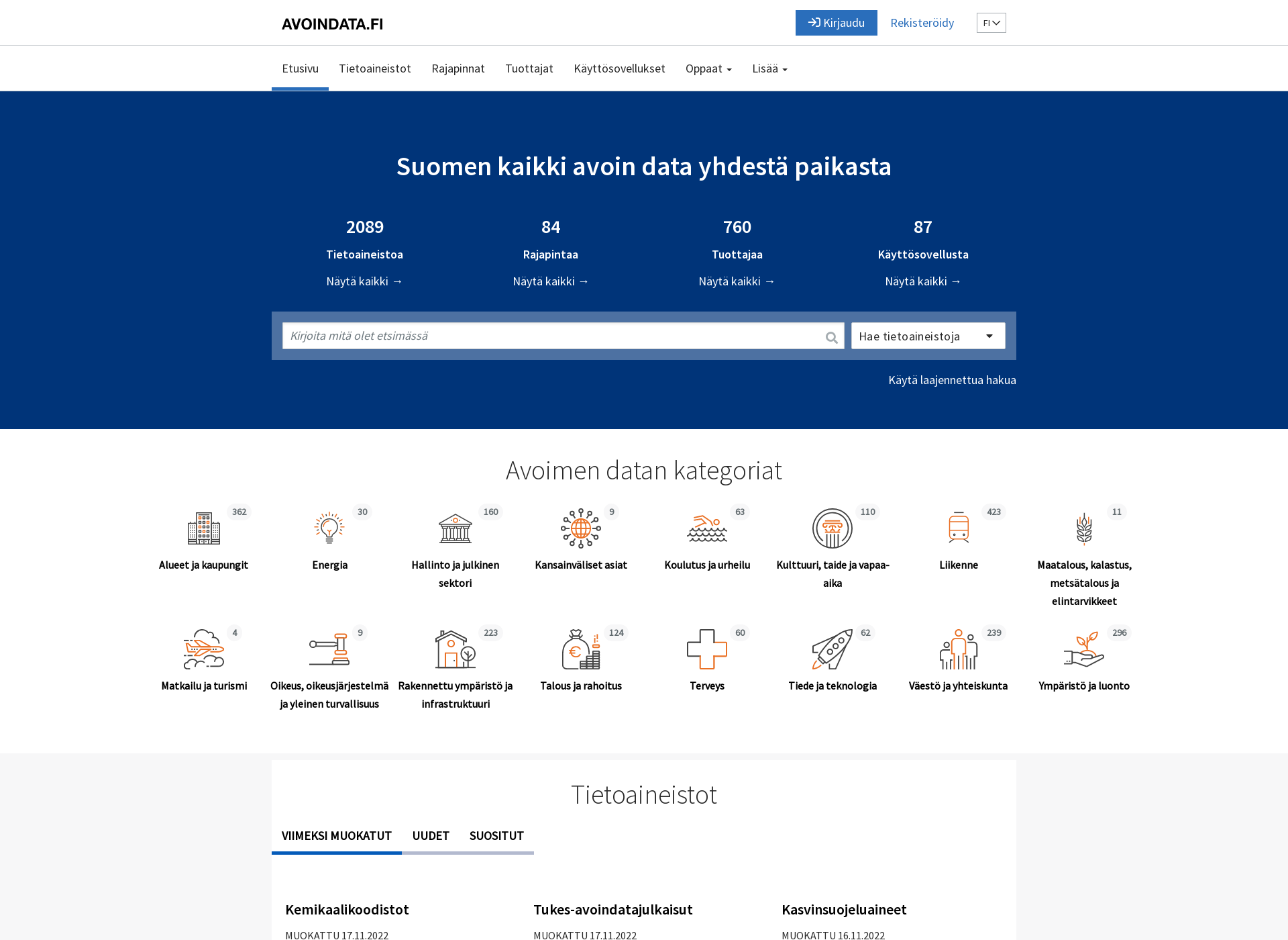 Skärmdump för opendata.fi