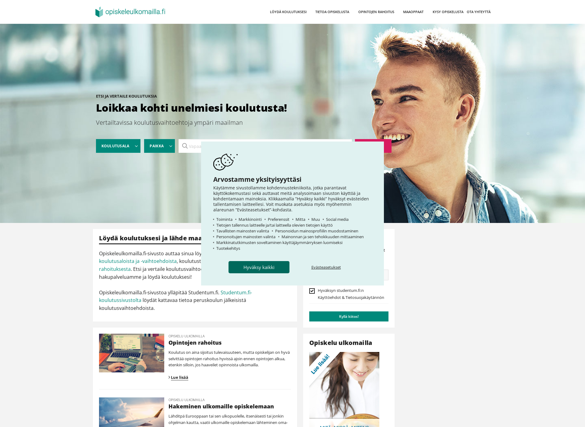 Skärmdump för opiskeleulkomailla.fi