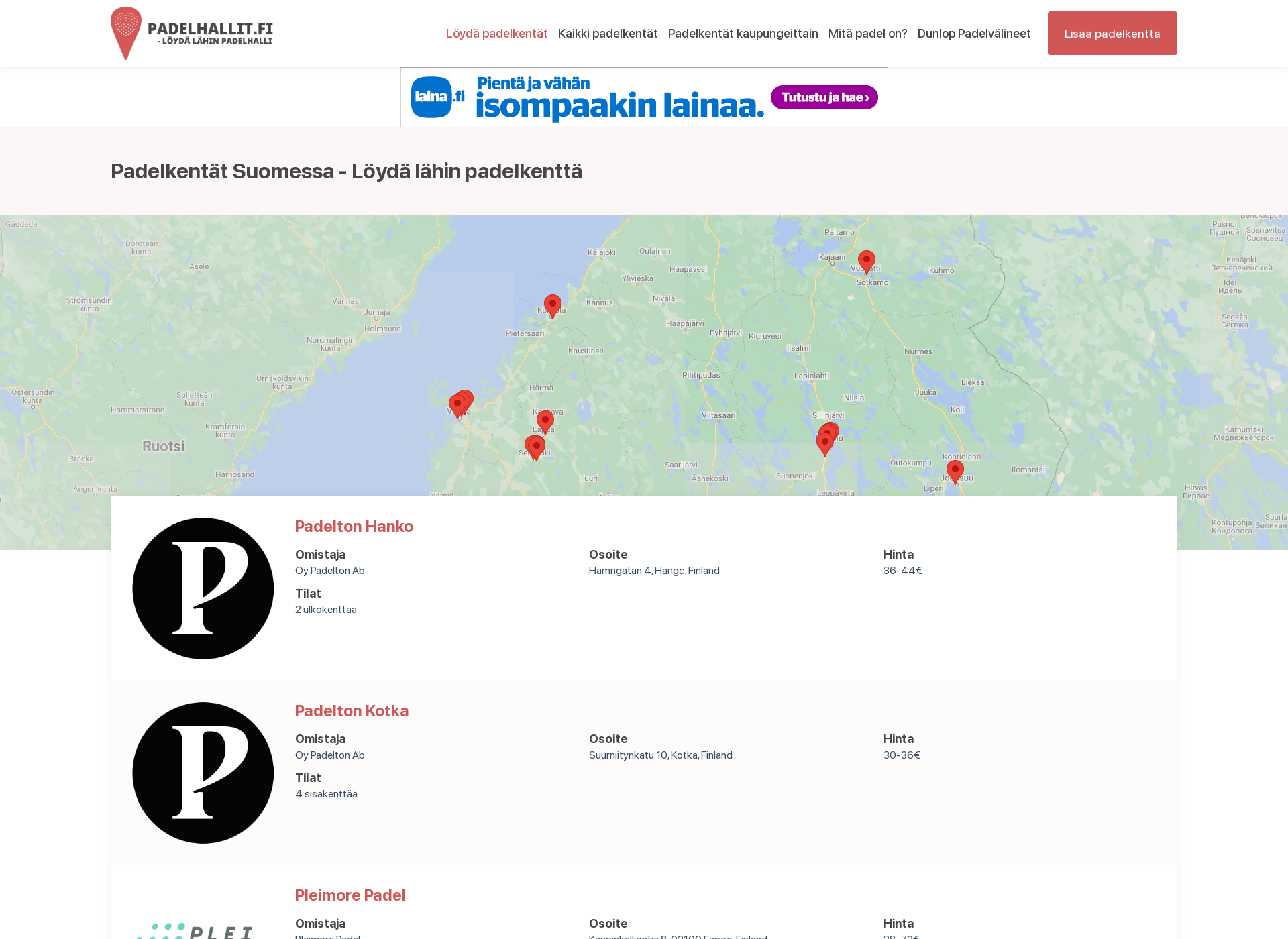 Skärmdump för padelhallit.fi