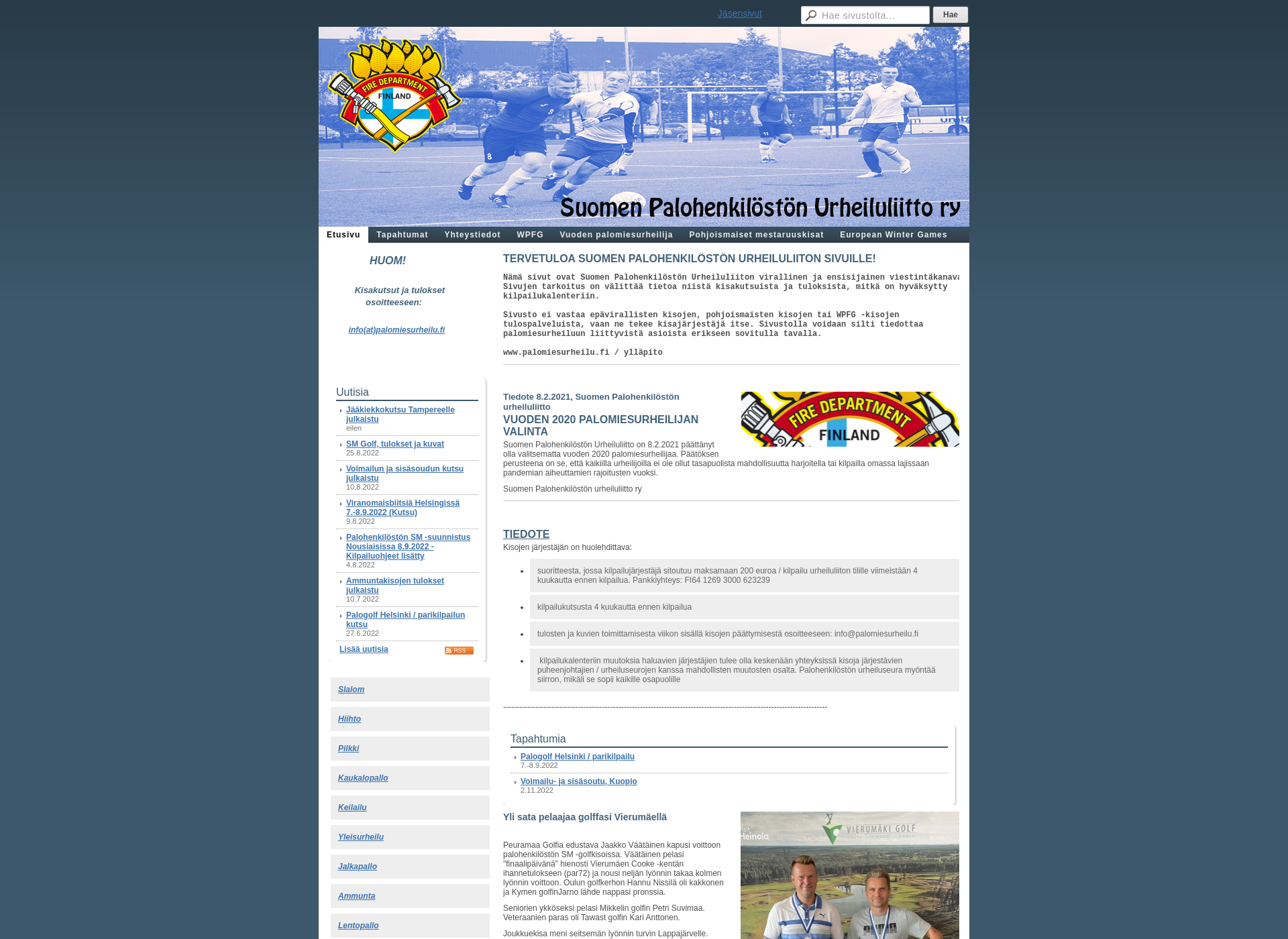 Skärmdump för palomiesurheilu.fi