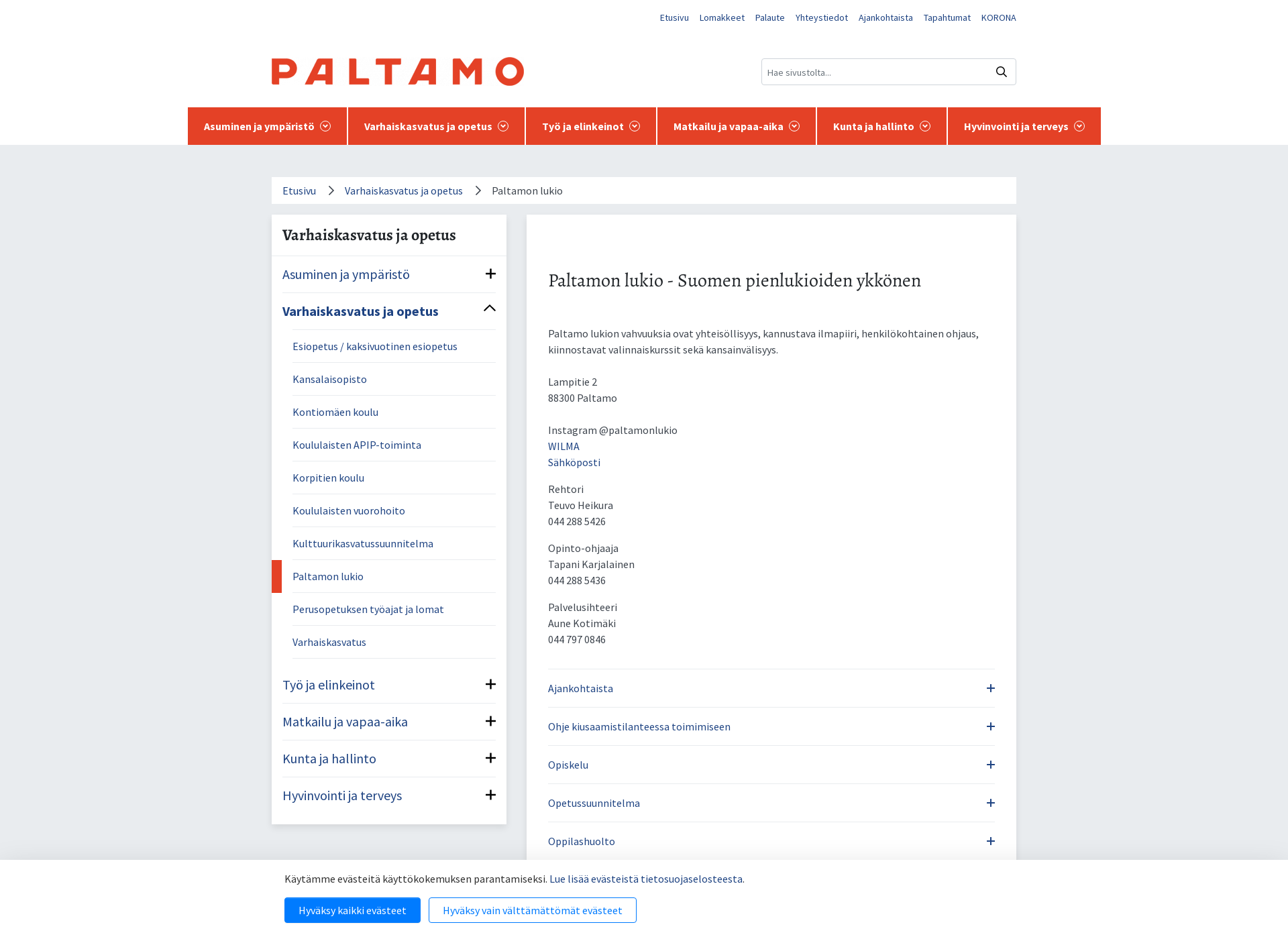 Skärmdump för paltamonlukio.fi
