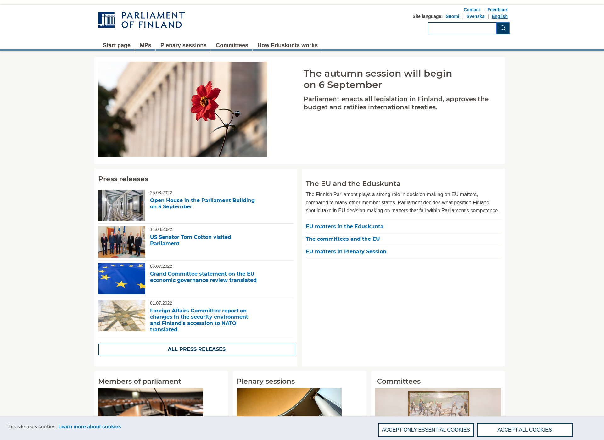 Skärmdump för parliament.fi