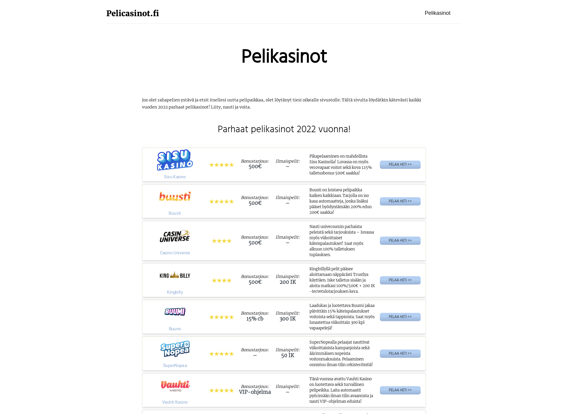 Screenshot for pelicasinot.fi