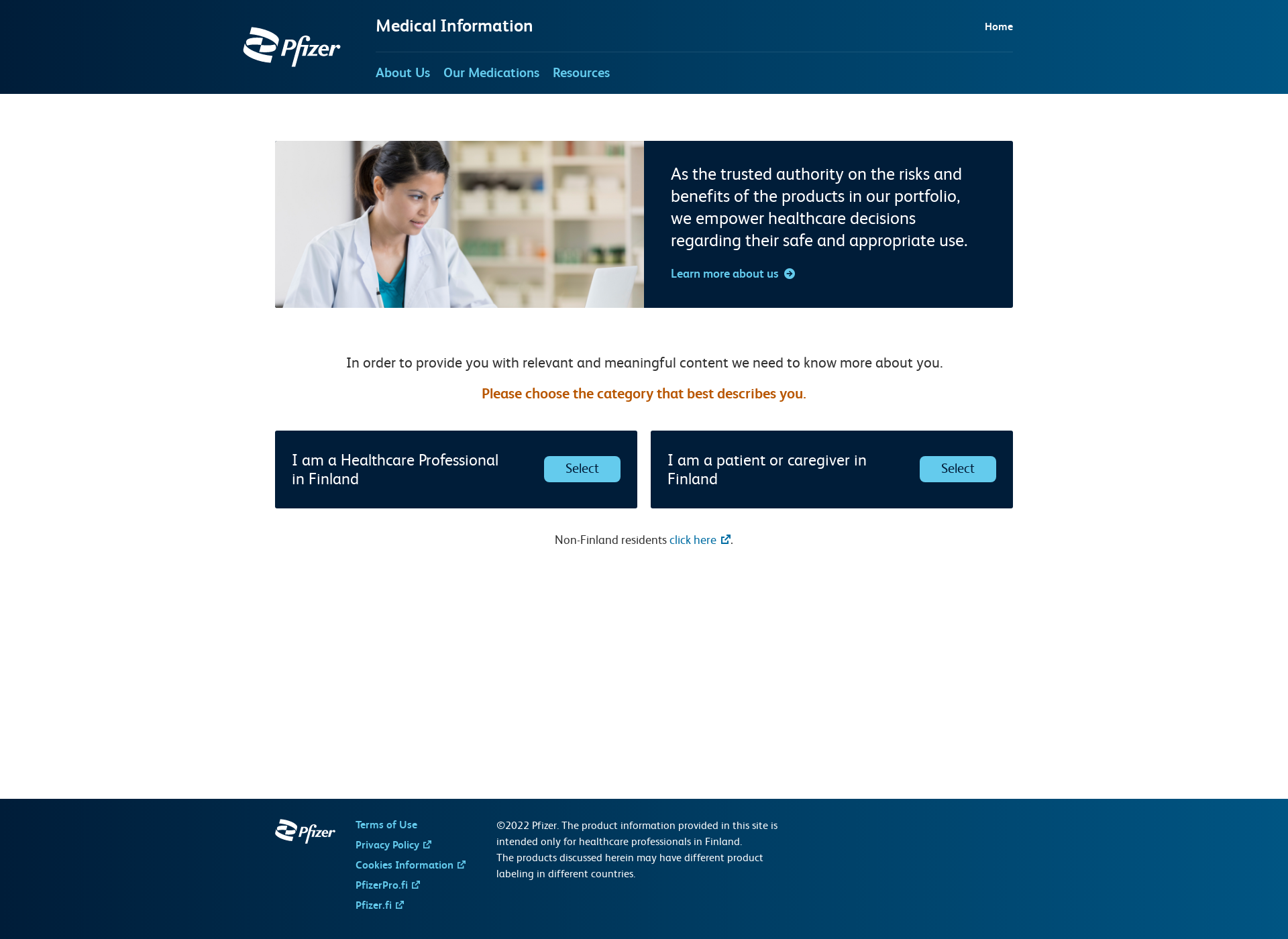 Skärmdump för pfizermedicalinformation.fi