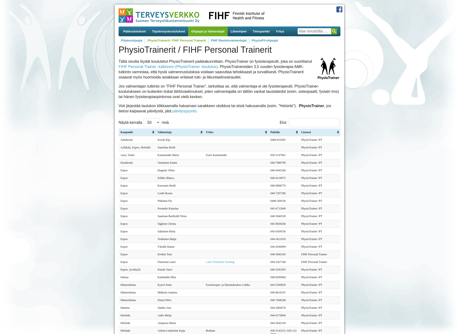 Skärmdump för physiotrainerit.fi