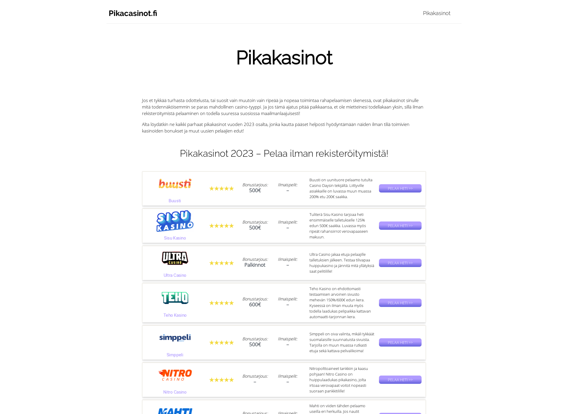 Skärmdump för pikacasinot.fi
