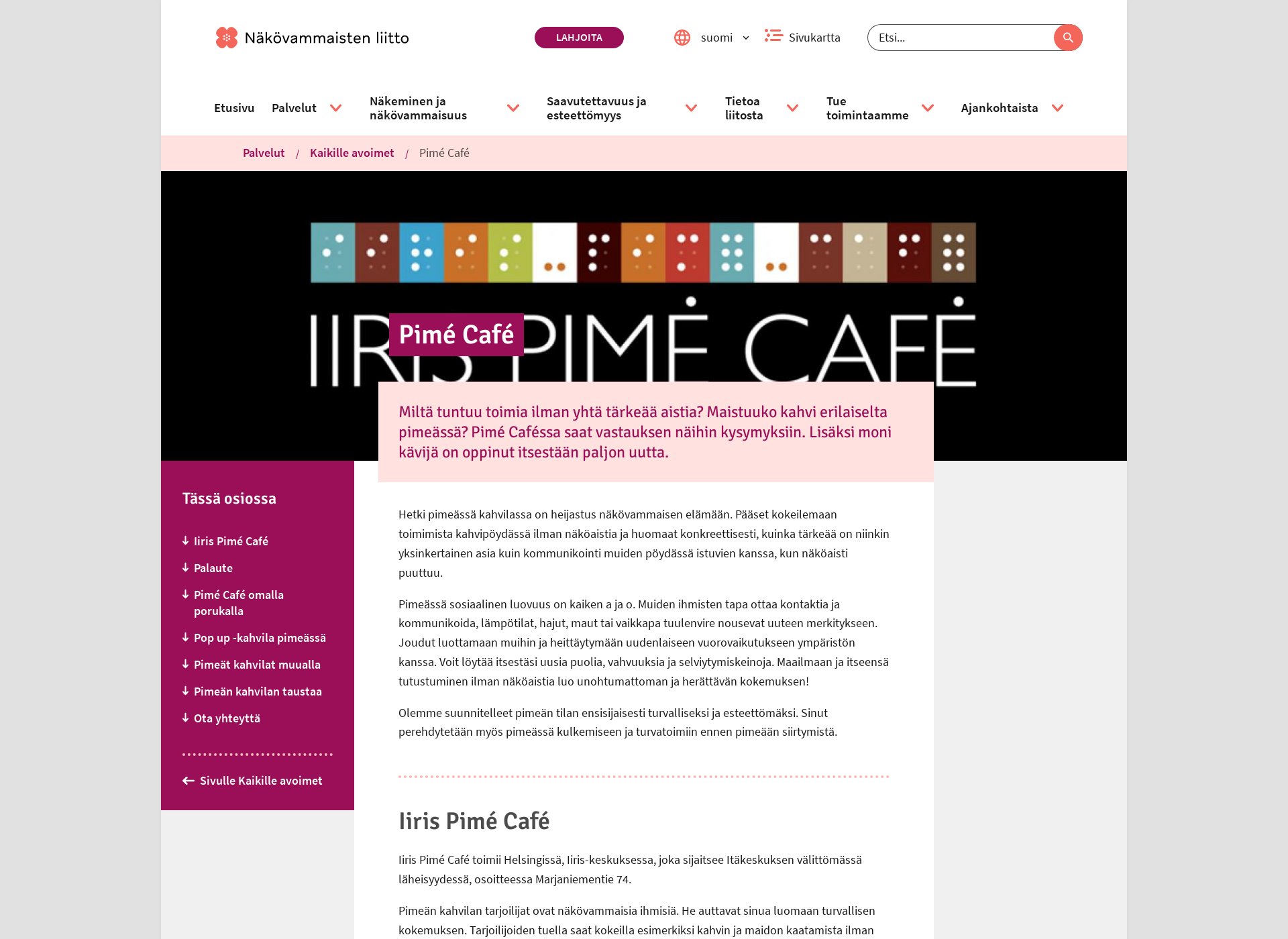Skärmdump för pimecafe.fi