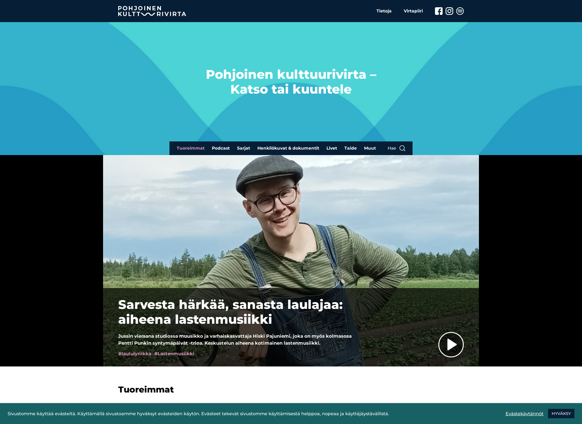 Skärmdump för pohjoinenkulttuurivirta.fi