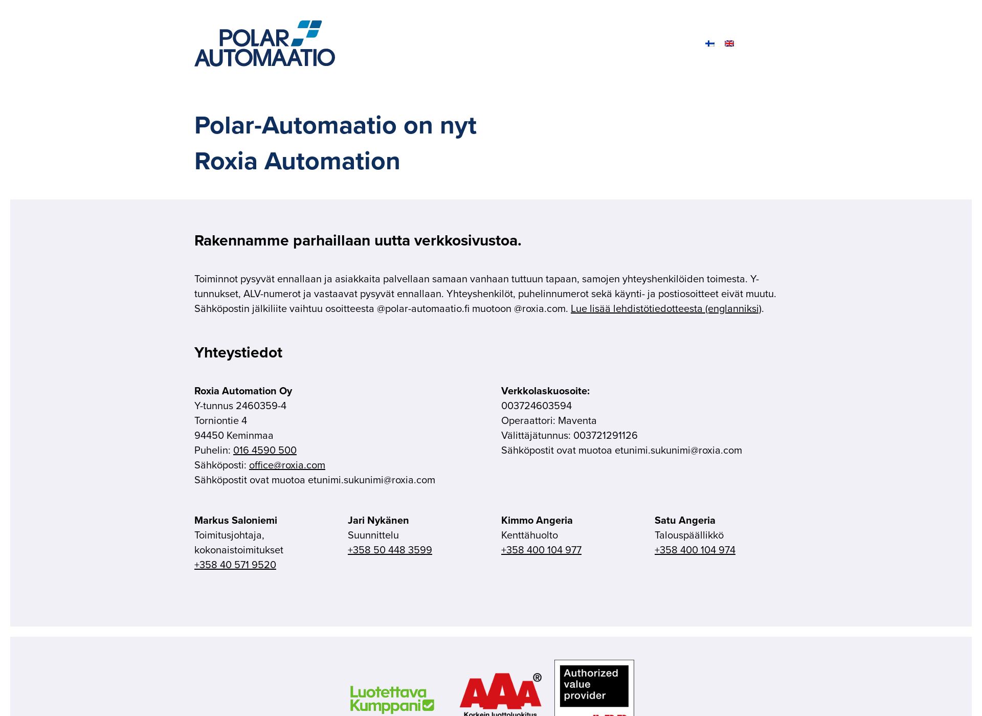 Skärmdump för polarautomaatio.fi